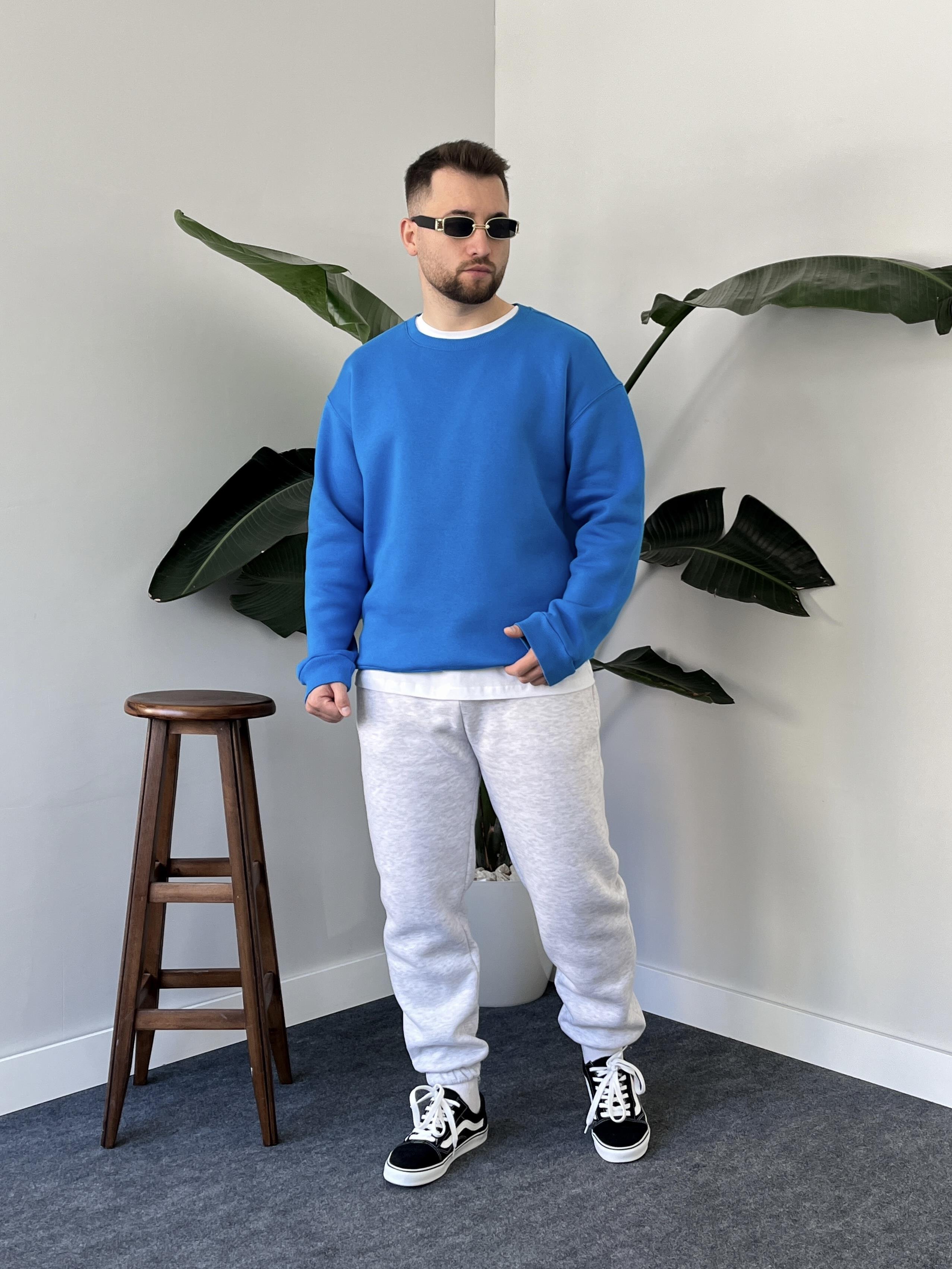 İndigo Üç İplik Şardonlu Basic Sweatshirt