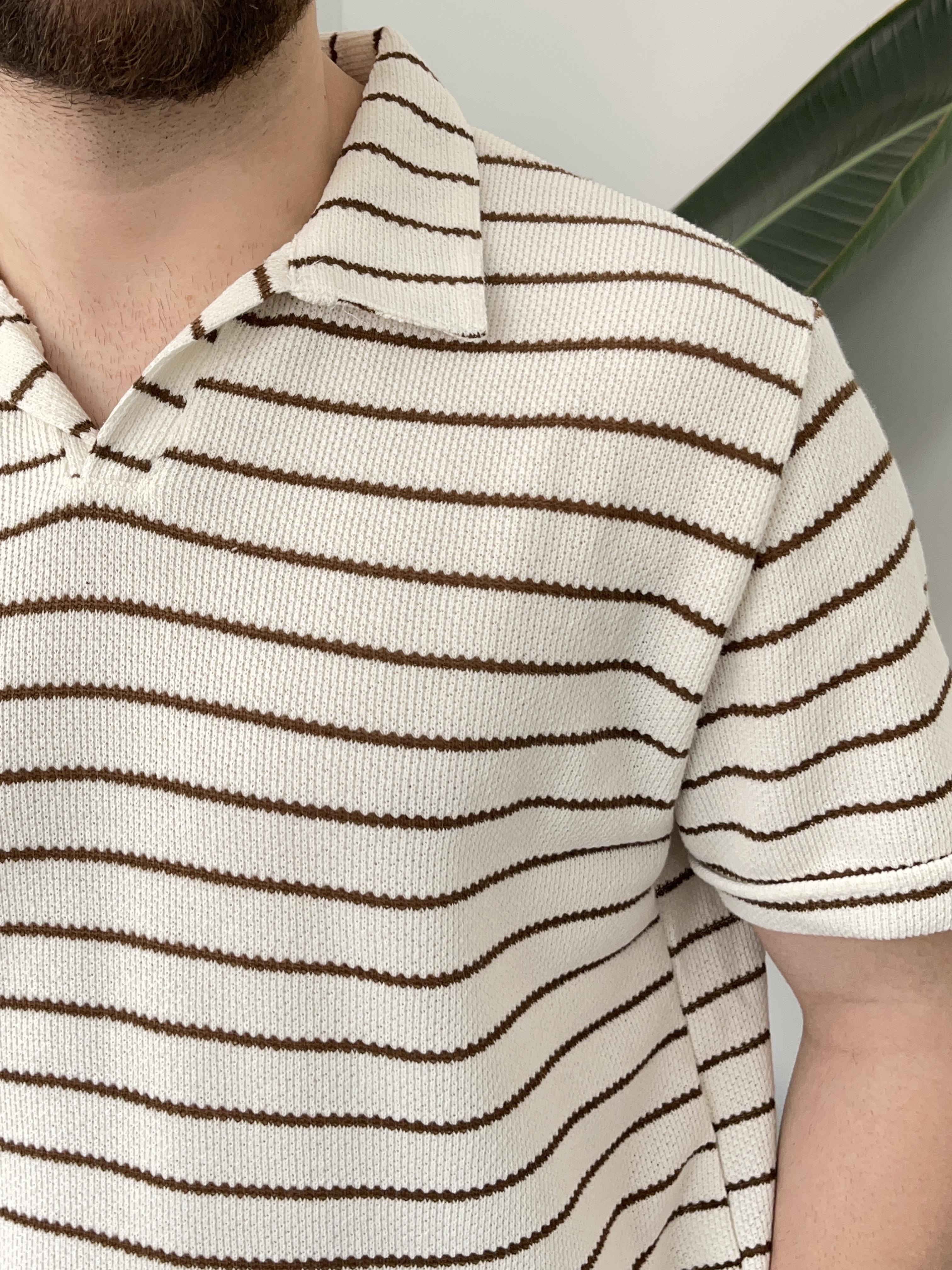 Kahve Çizgili Örgü T-shirt