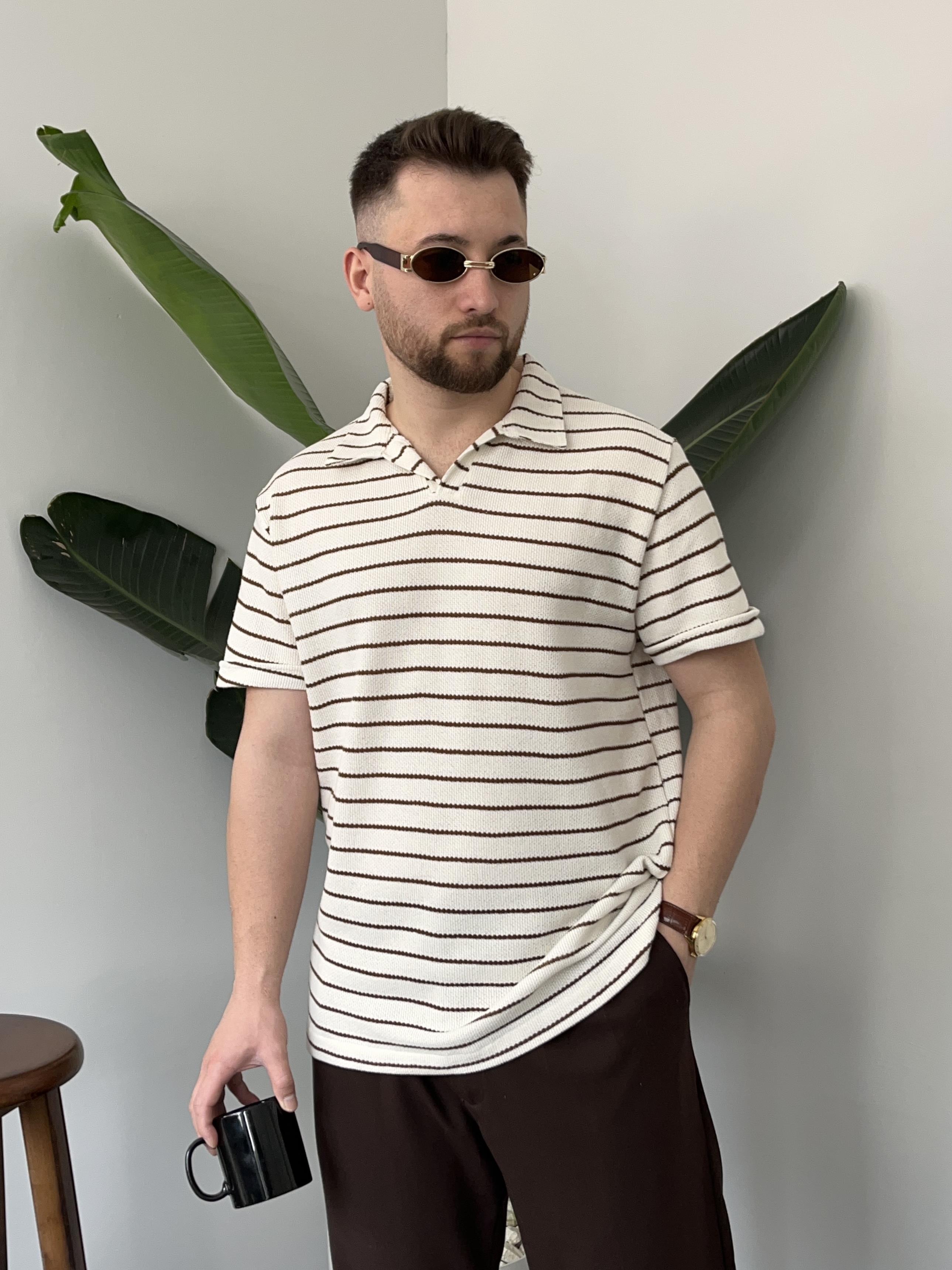 Kahve Çizgili Örgü T-shirt