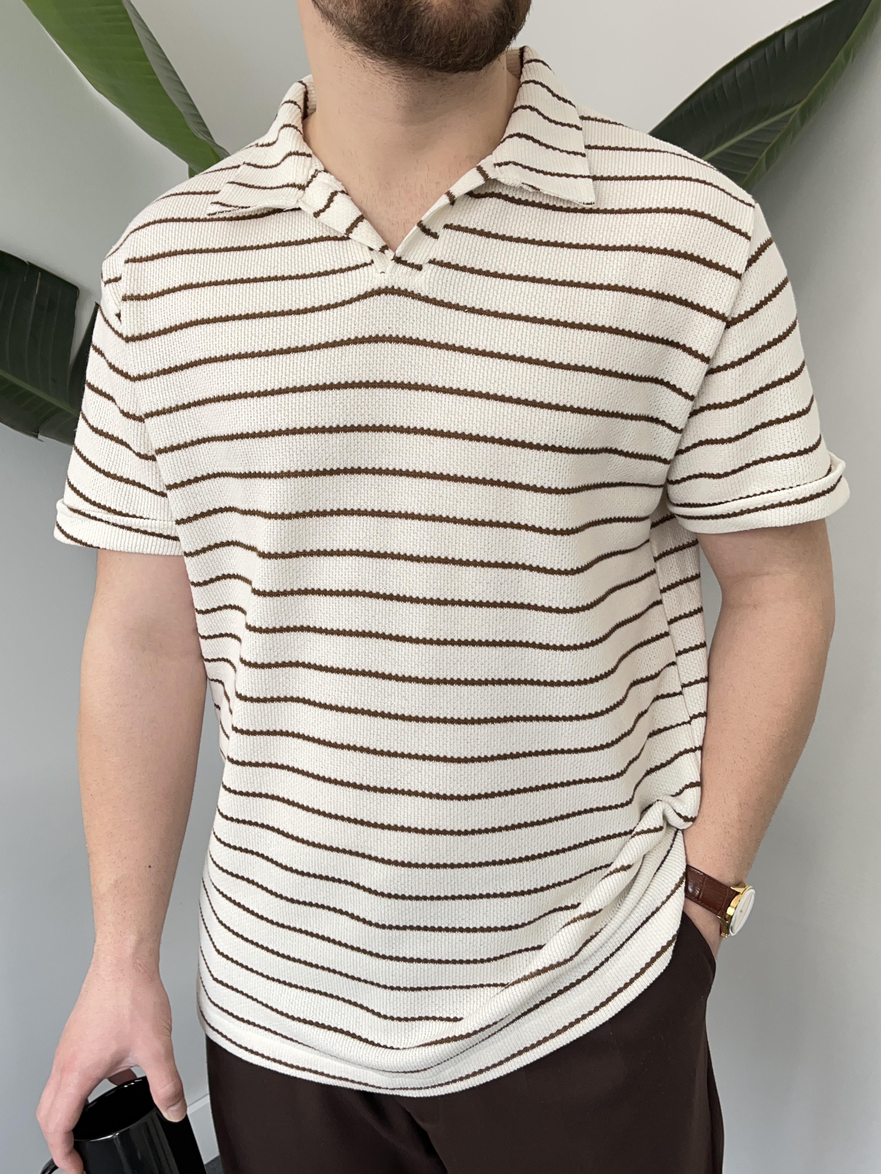 Kahve Çizgili Örgü T-shirt