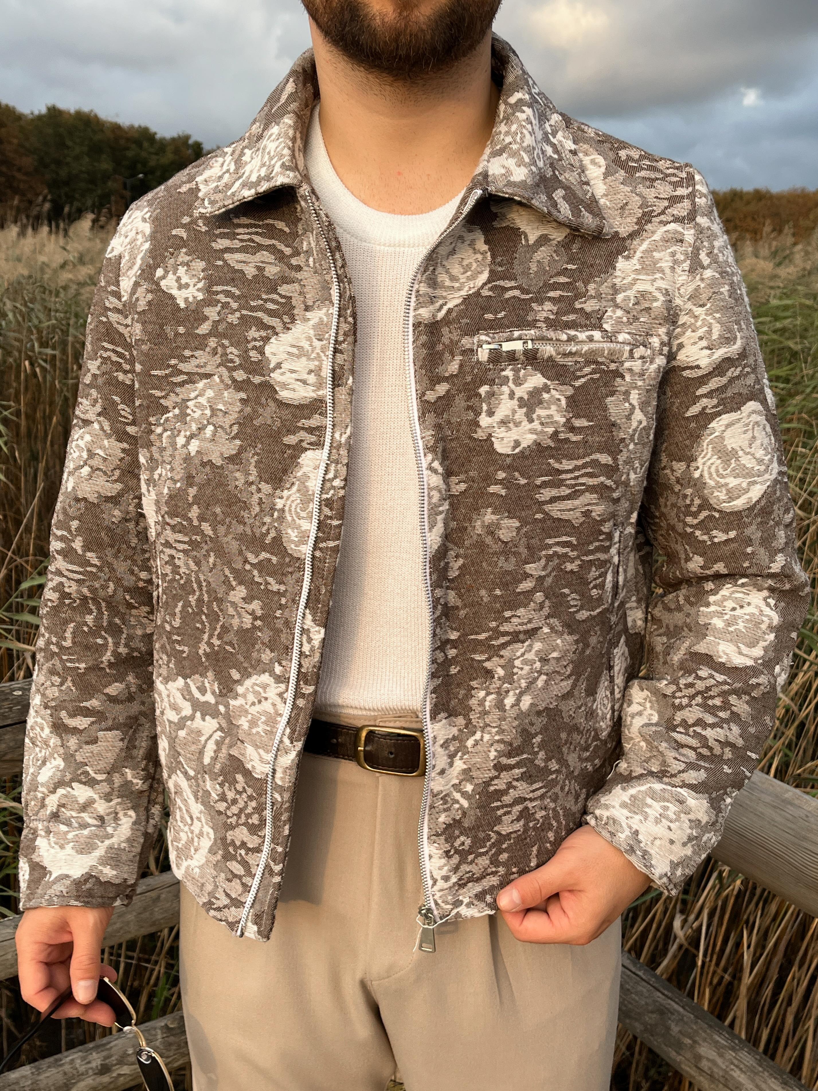 Kahve Rose Pattern Boxy Fit Ceket