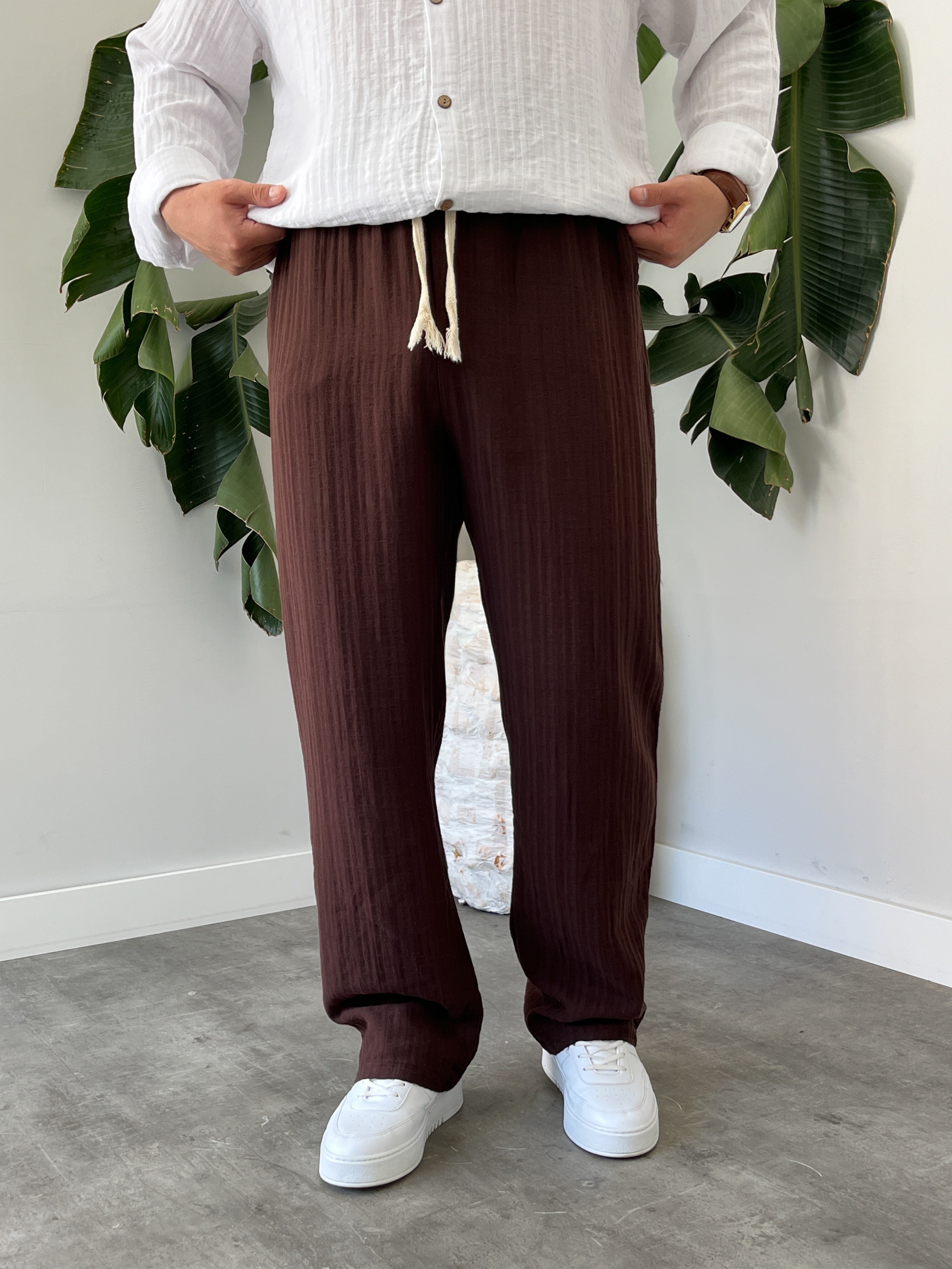 Kahverengi Armürlü Müslin Baggy Pantolon