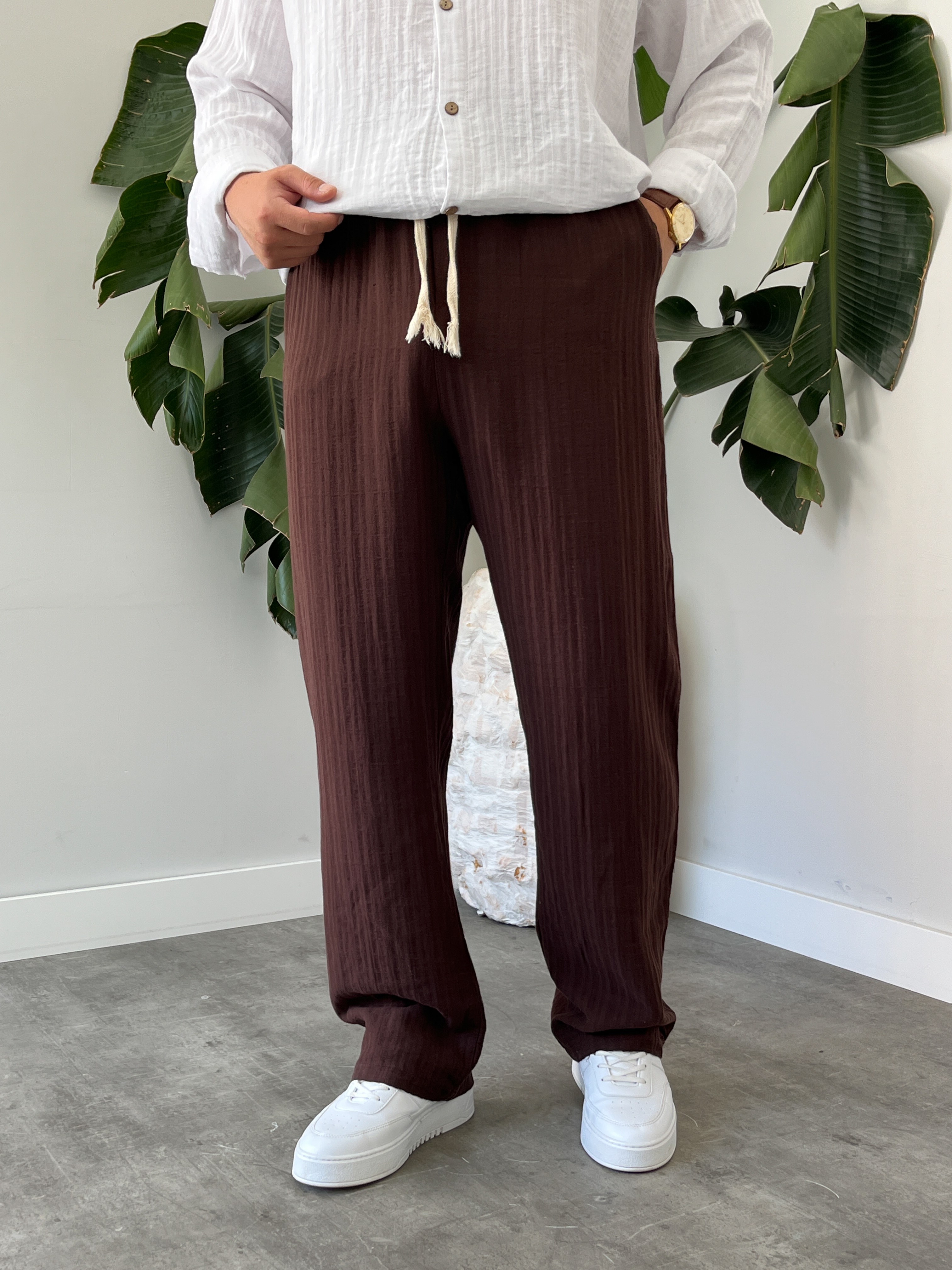 Kahverengi Armürlü Müslin Baggy Pantolon