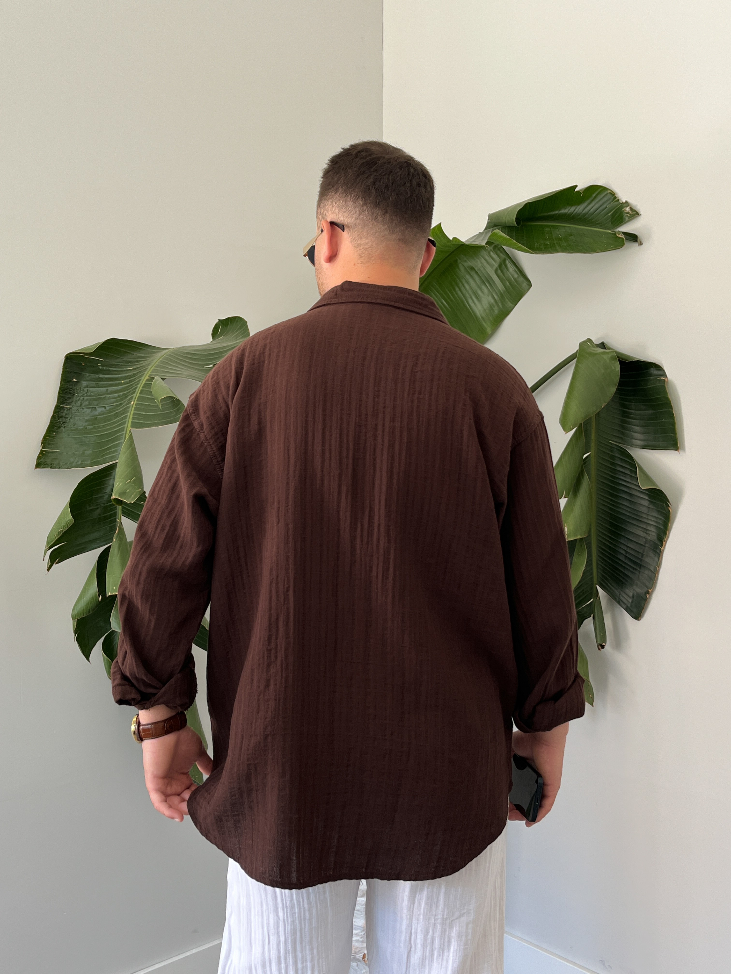 Kahverengi Armürlü Müslin Oversize Gömlek