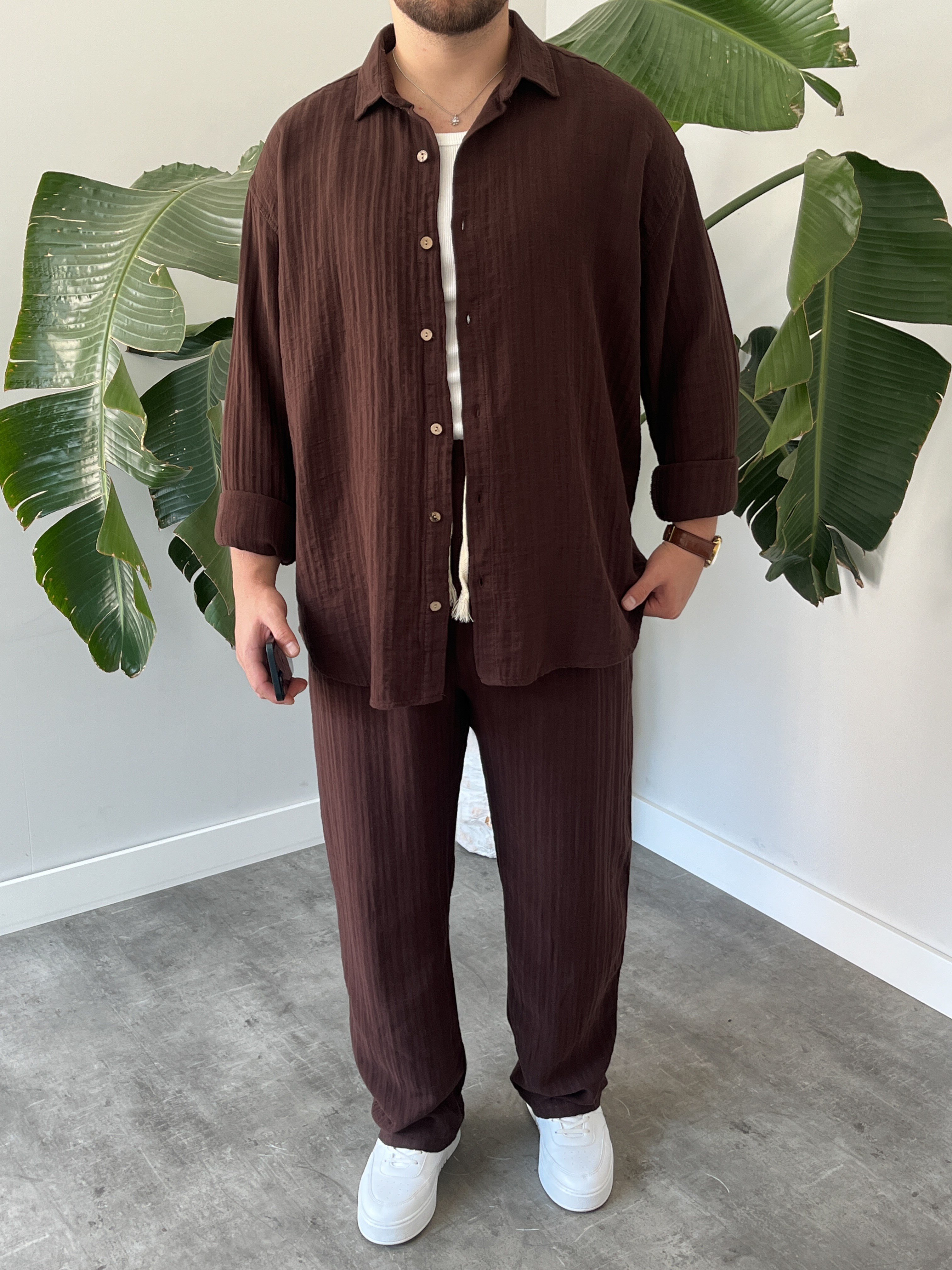 Kahverengi Armürlü Müslin Oversize Takım