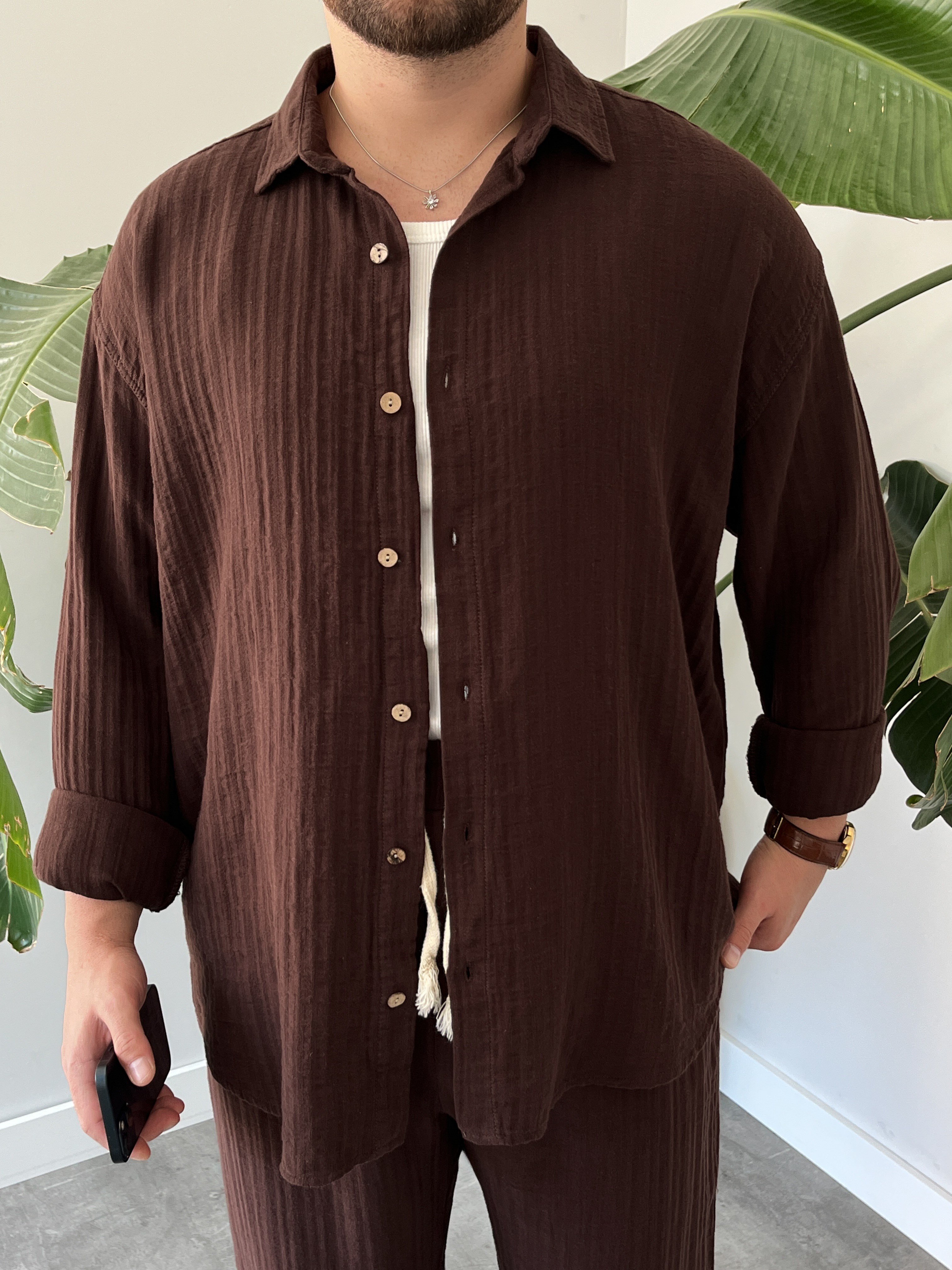 Kahverengi Armürlü Müslin Oversize Takım