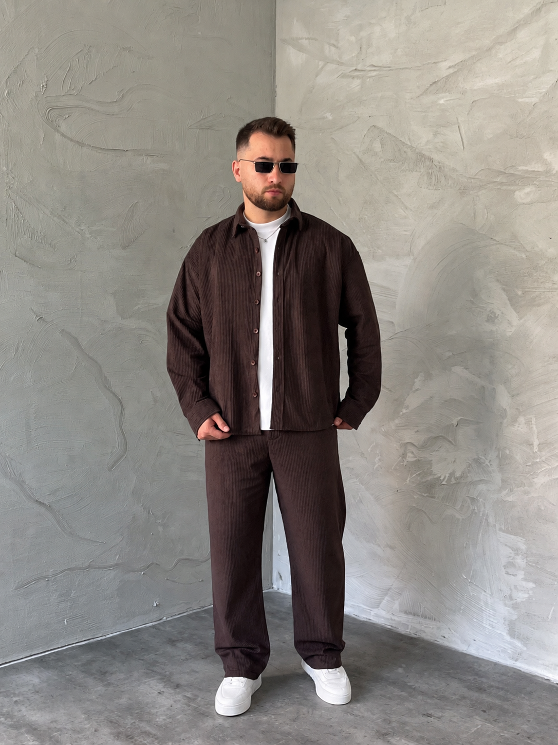 Kahverengi Boxy Fit Fitilli Kadife Takım