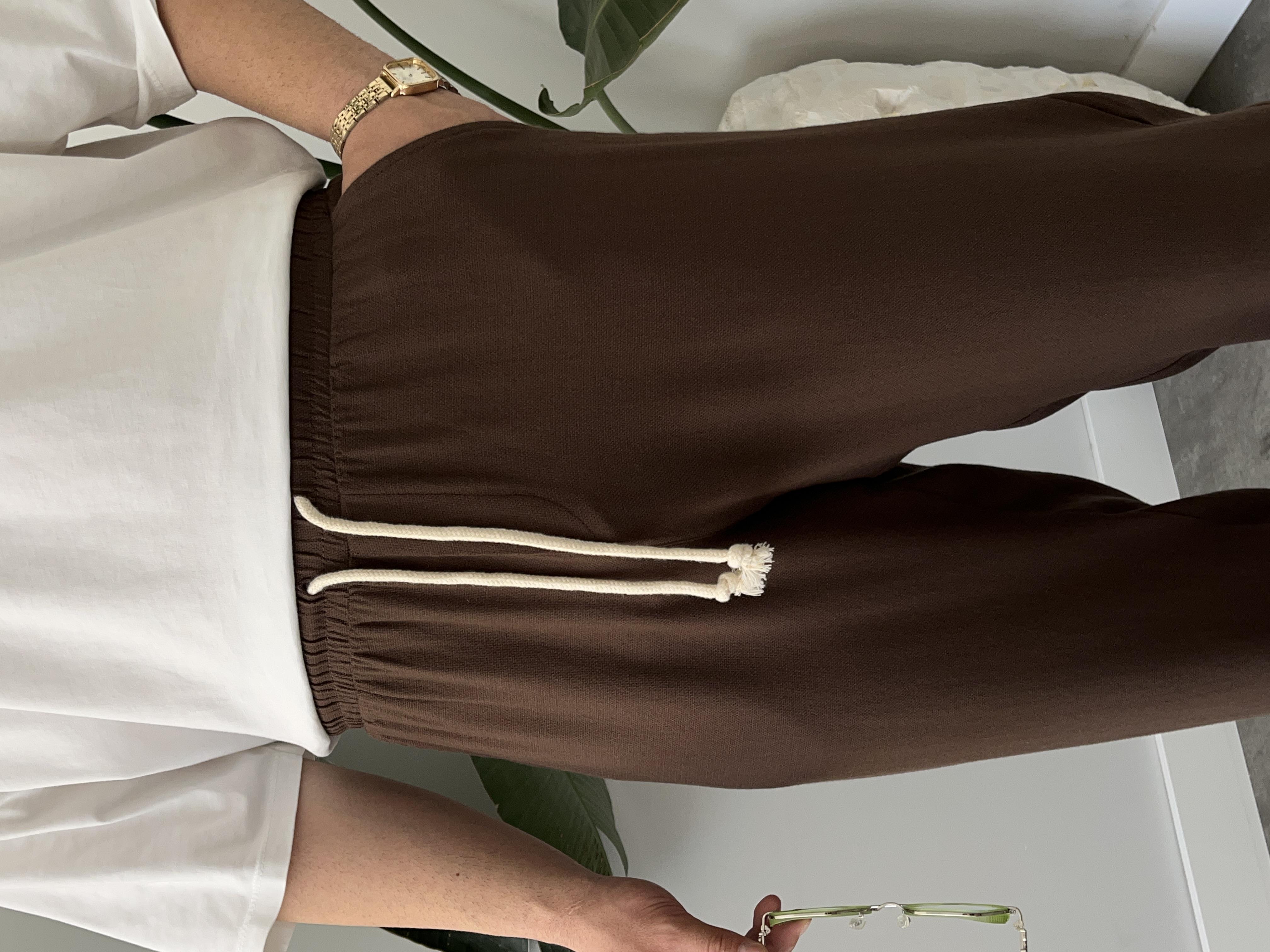 Kahverengi Burgu Bağcık Detaylı Pamuk Keten Relax Fit Pantolon