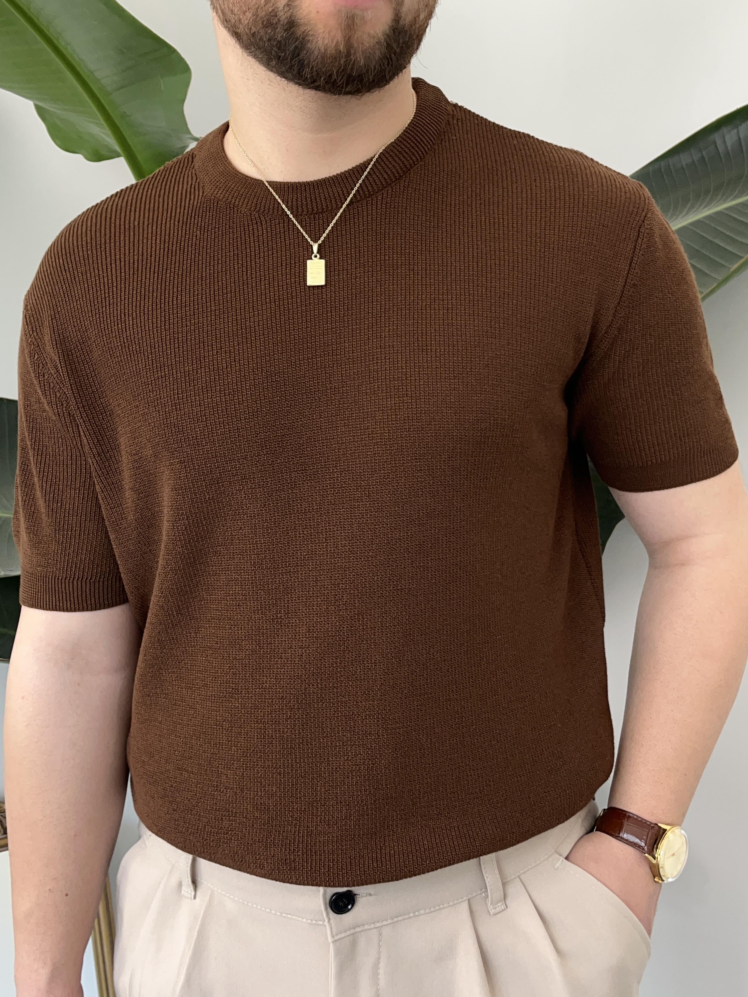 Kahverengi Casual Örme Triko T-shirt
