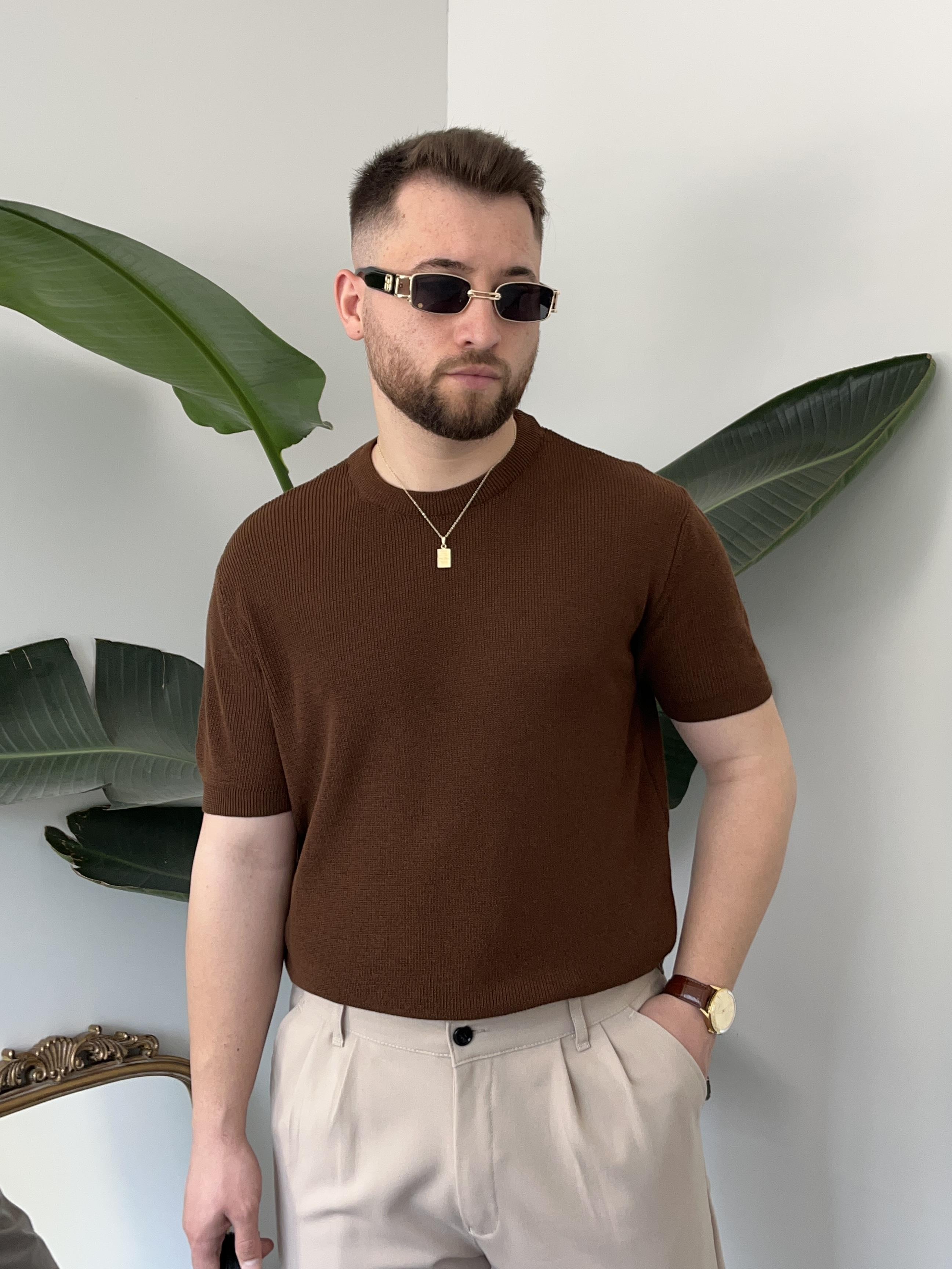 Kahverengi Casual Örme Triko T-shirt