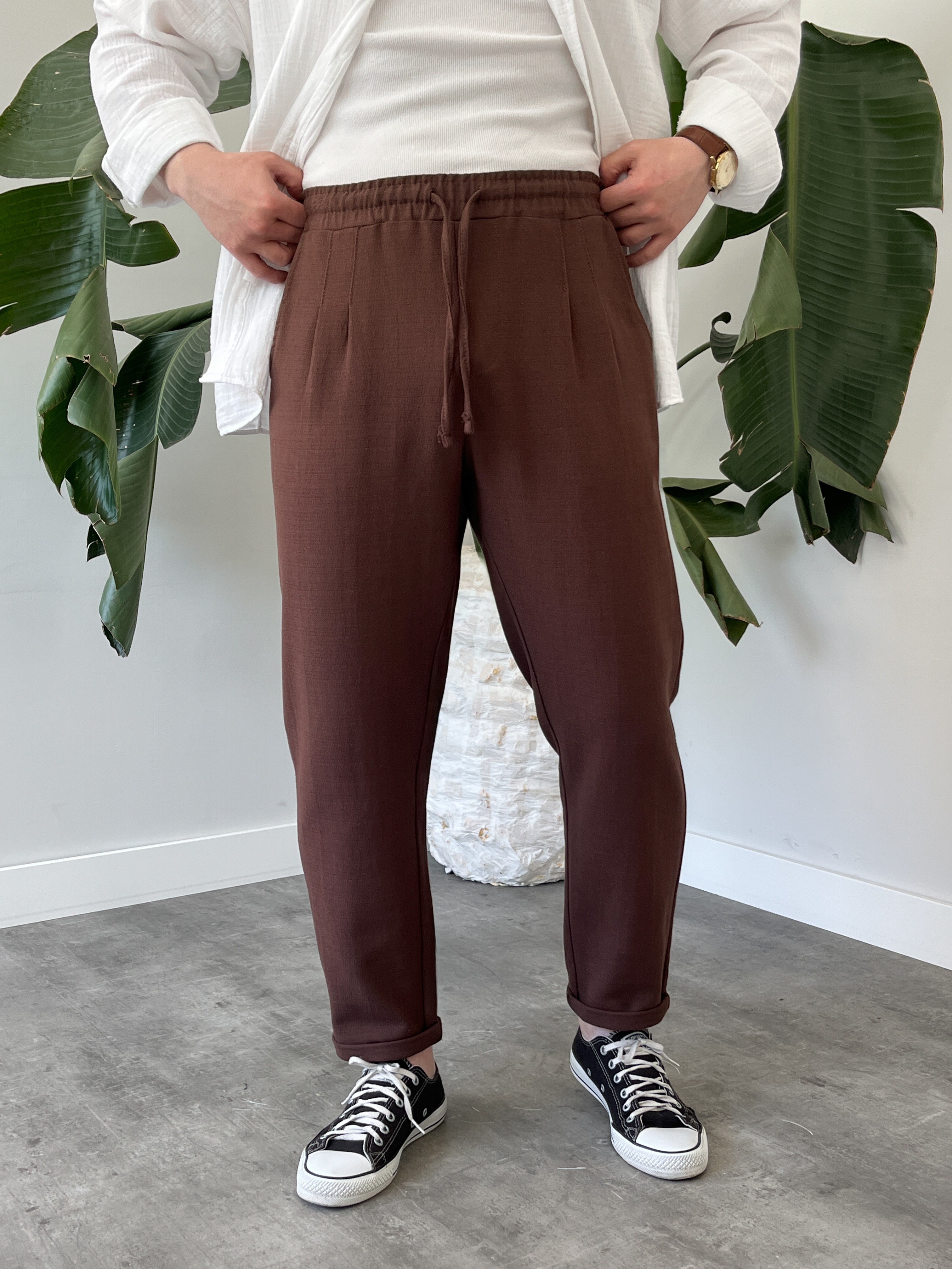 Kahverengi Duble Paça Keten Boyfriend Pantolon