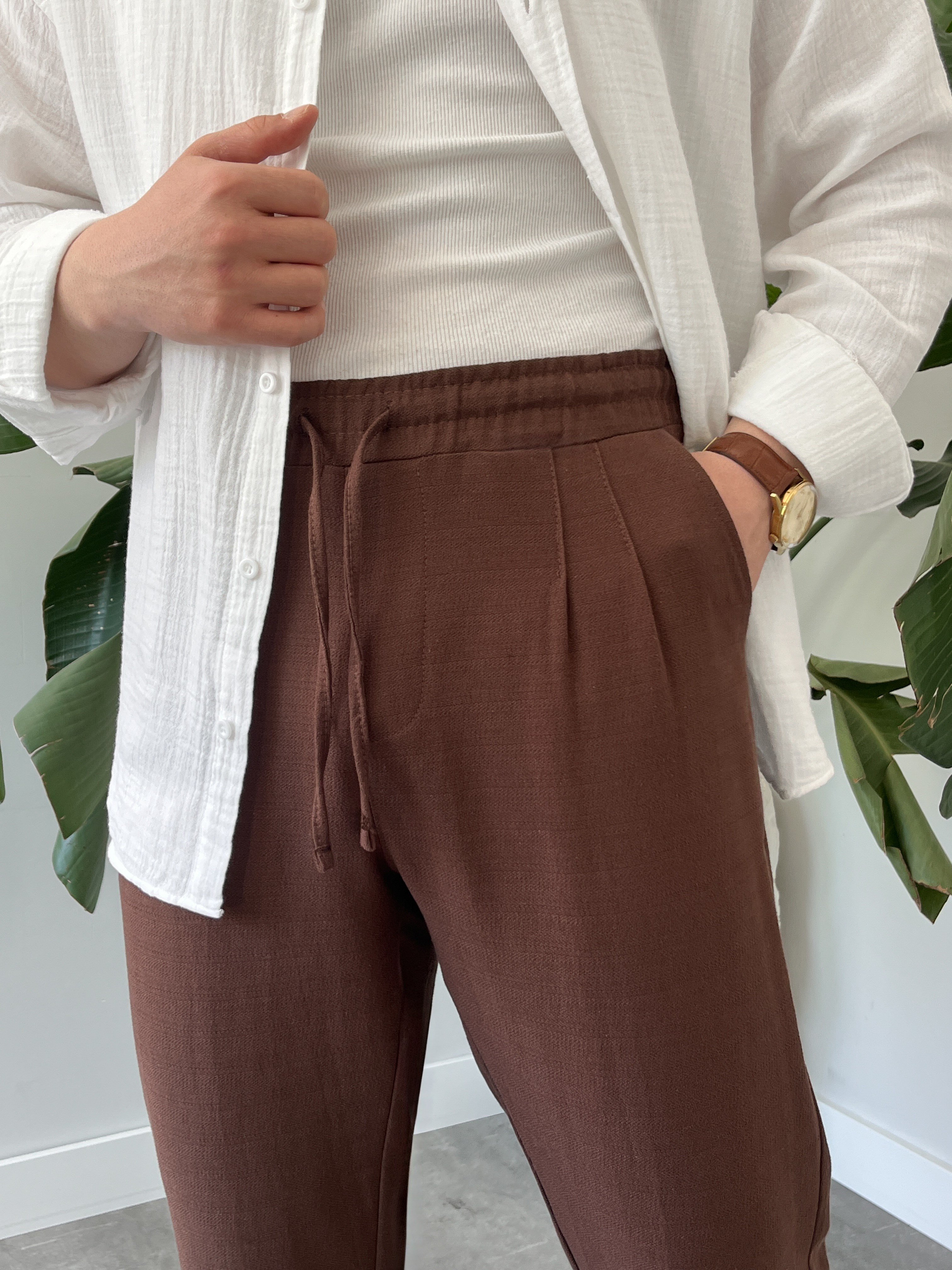 Kahverengi Duble Paça Keten Boyfriend Pantolon