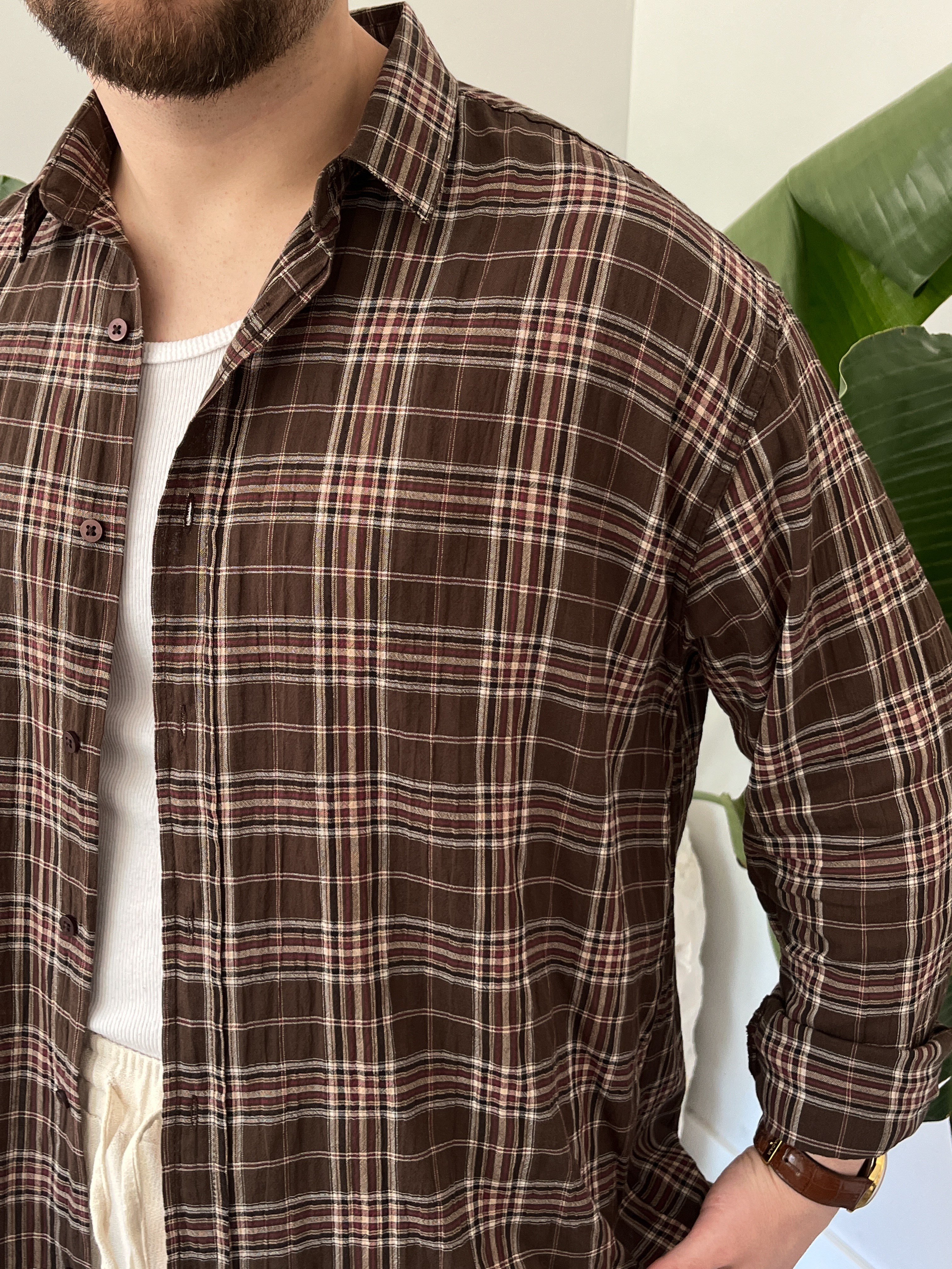 Kahverengi Ekose Oversize Gömlek