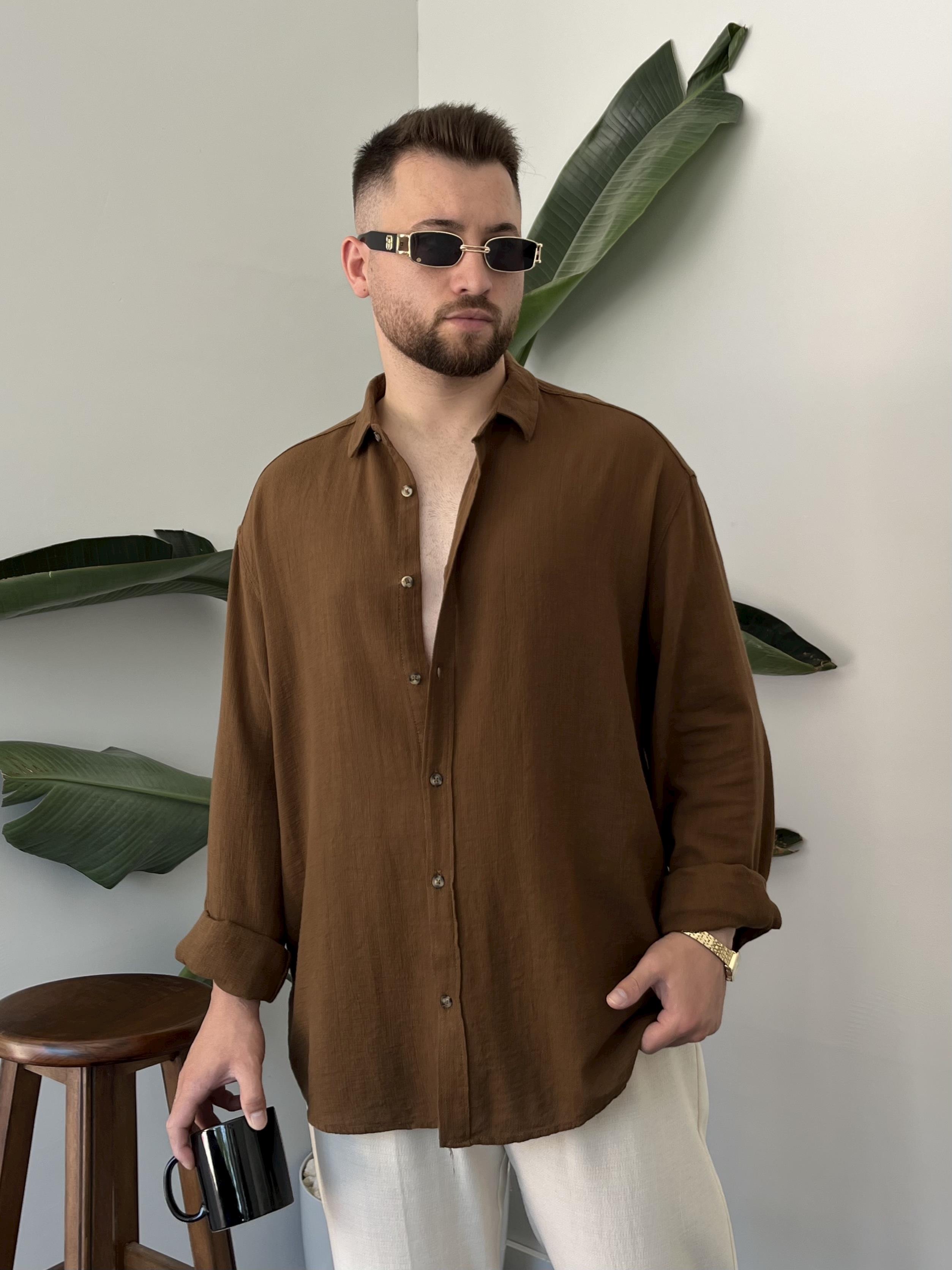 Kahverengi Etamin Keten Oversize Gömlek