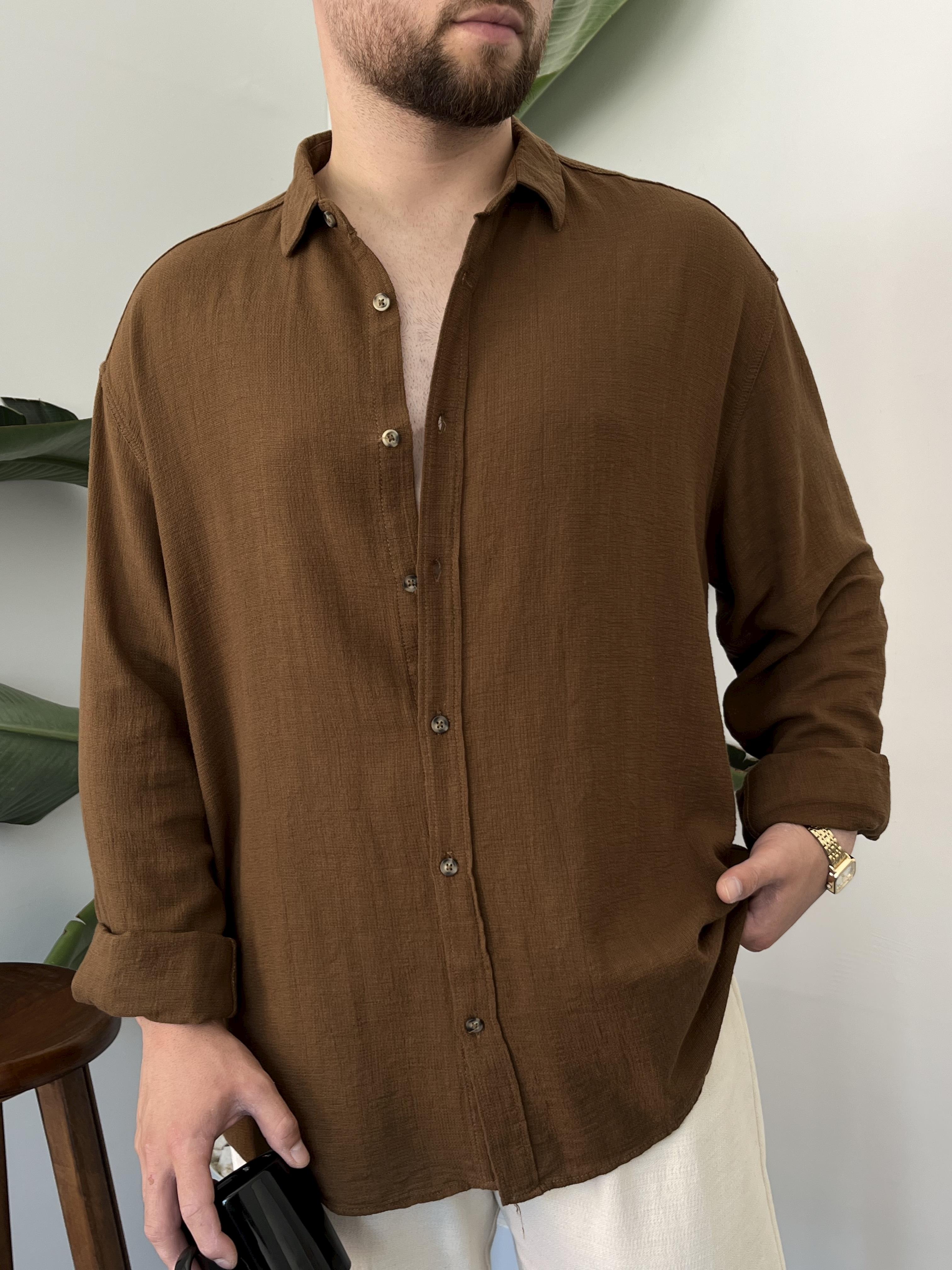 Kahverengi Etamin Keten Oversize Gömlek