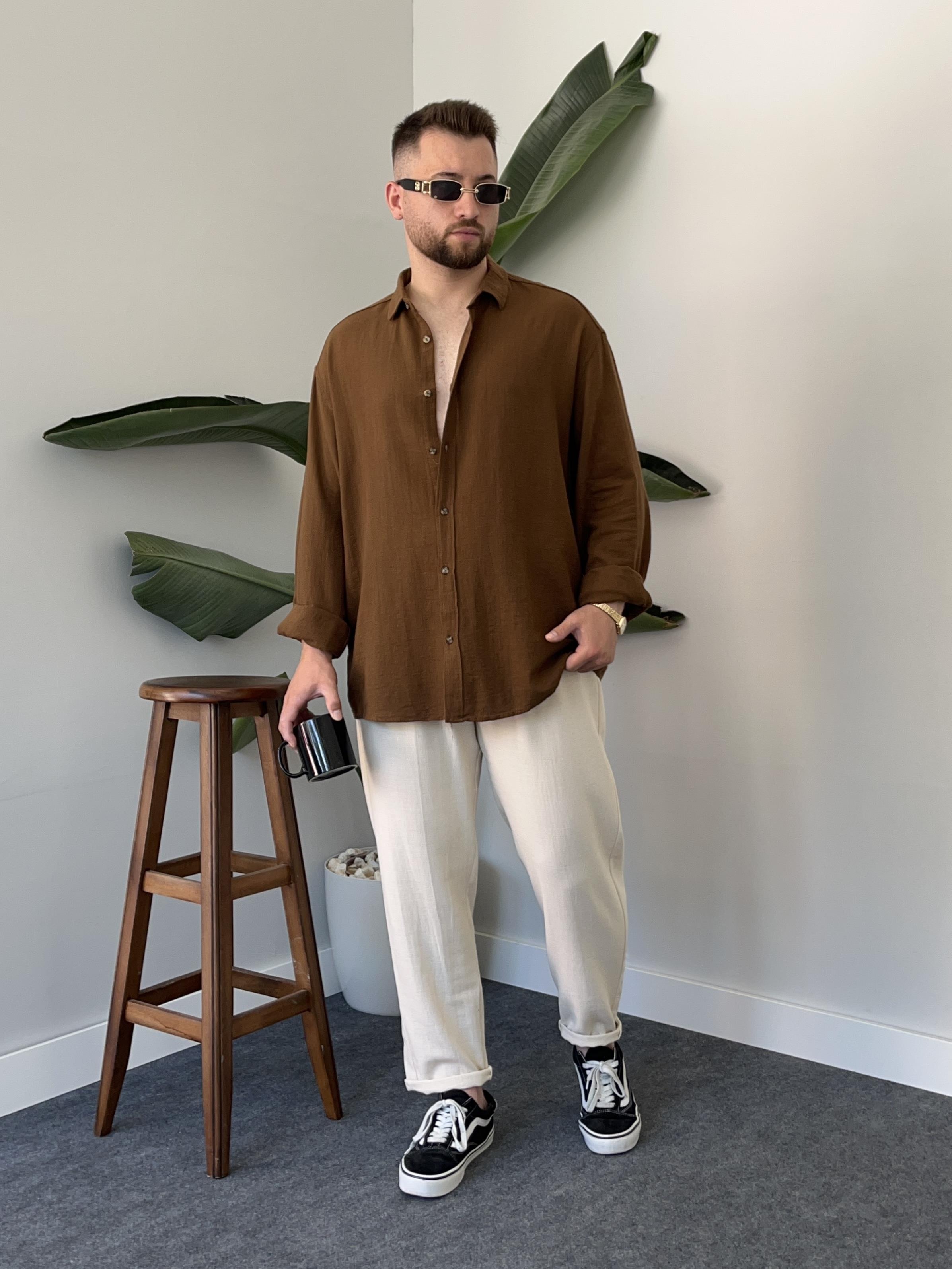 Kahverengi Etamin Keten Oversize Gömlek