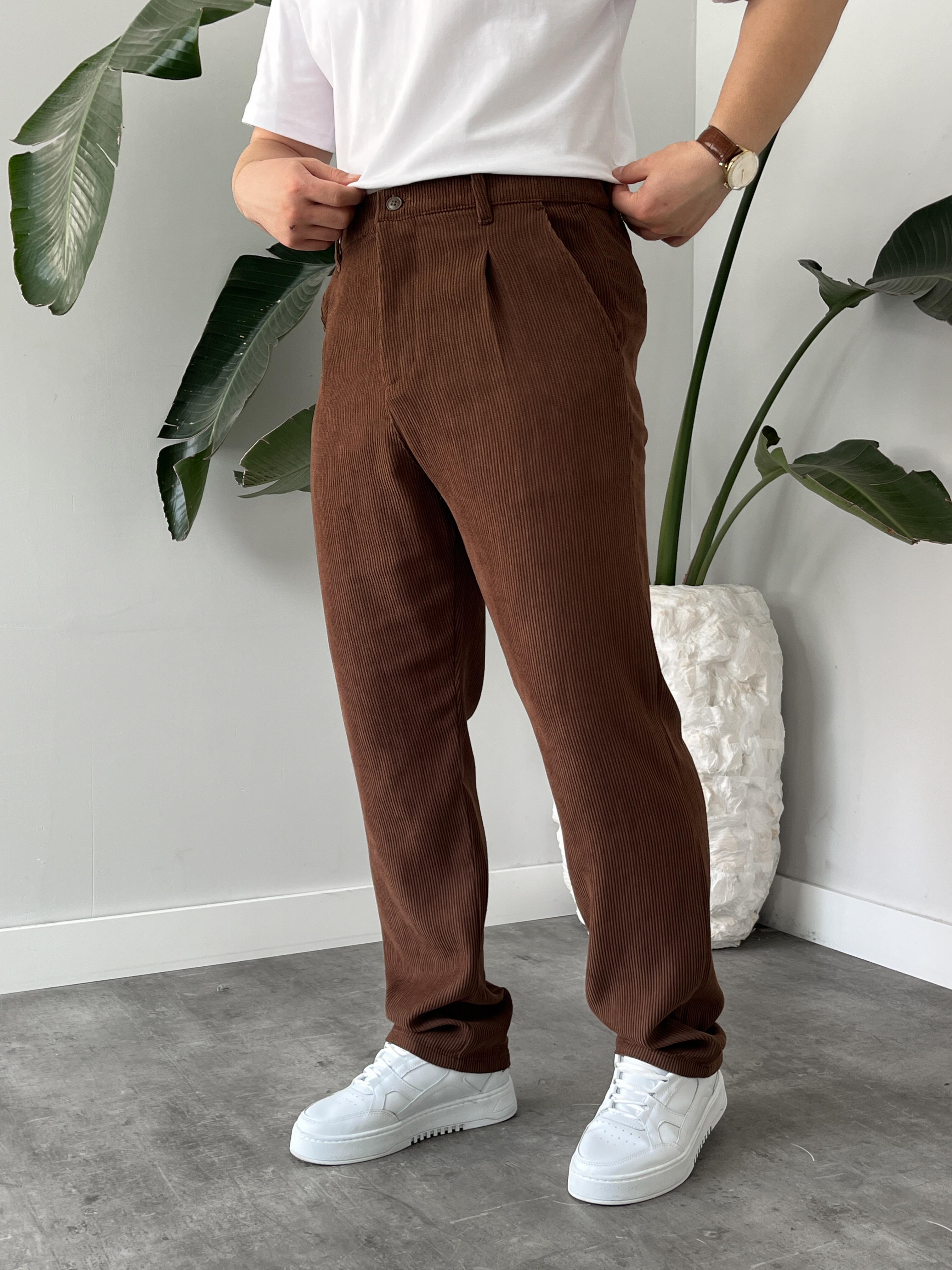 Kahverengi Fitilli Kadife Baggy Pantolon