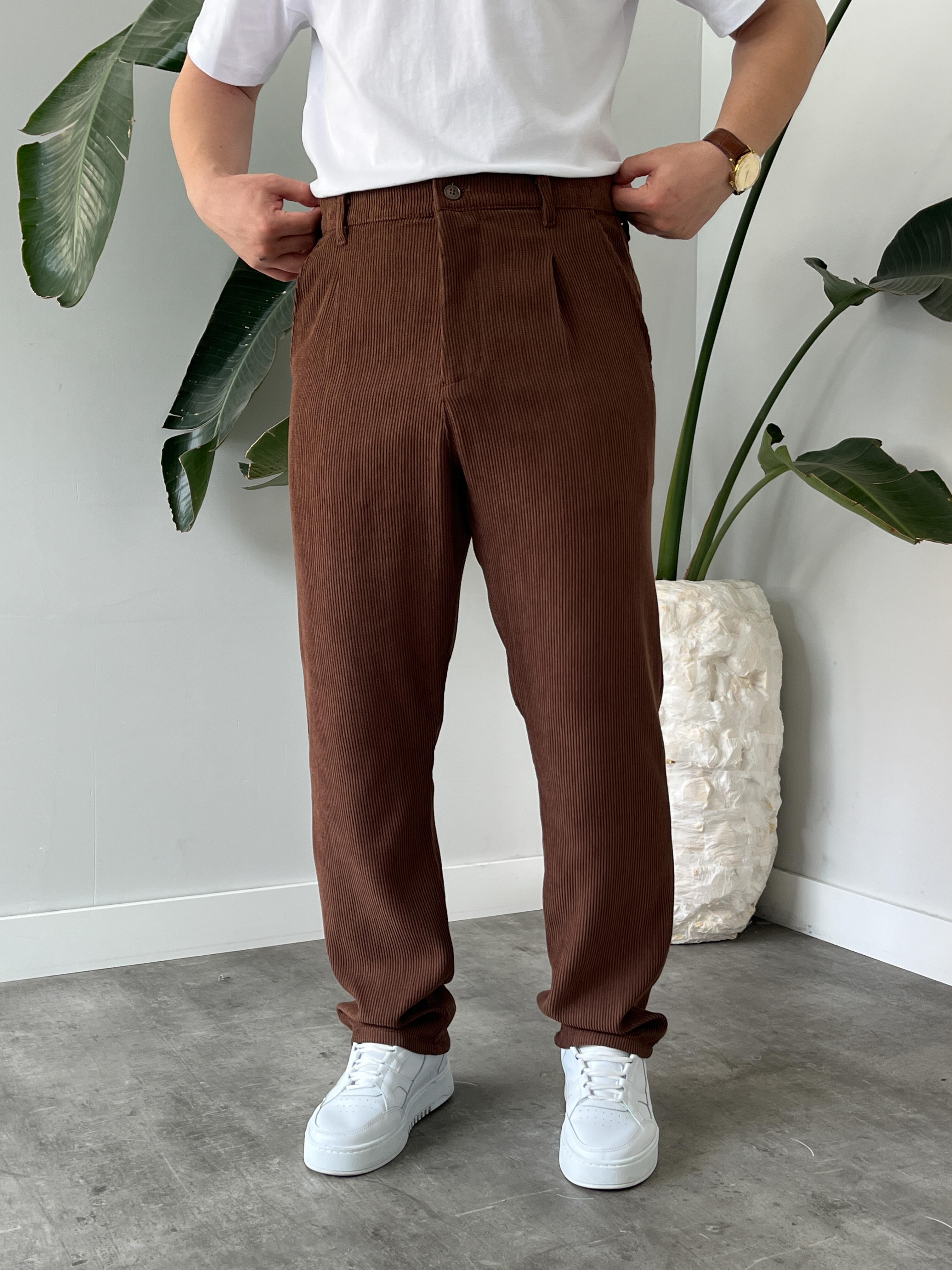 Kahverengi Fitilli Kadife Baggy Pantolon
