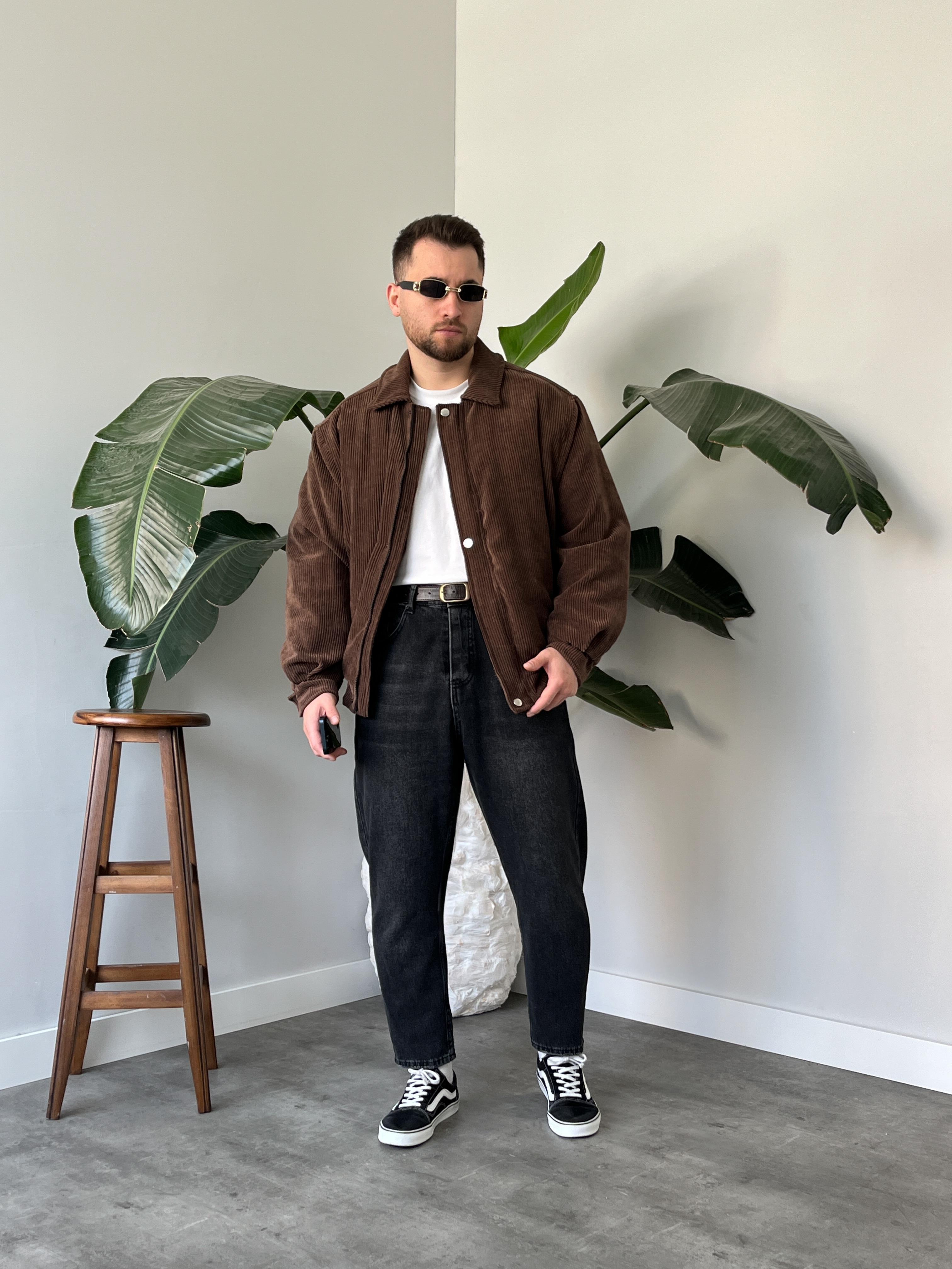 Kahverengi Fitilli Kadife Bomber Mont