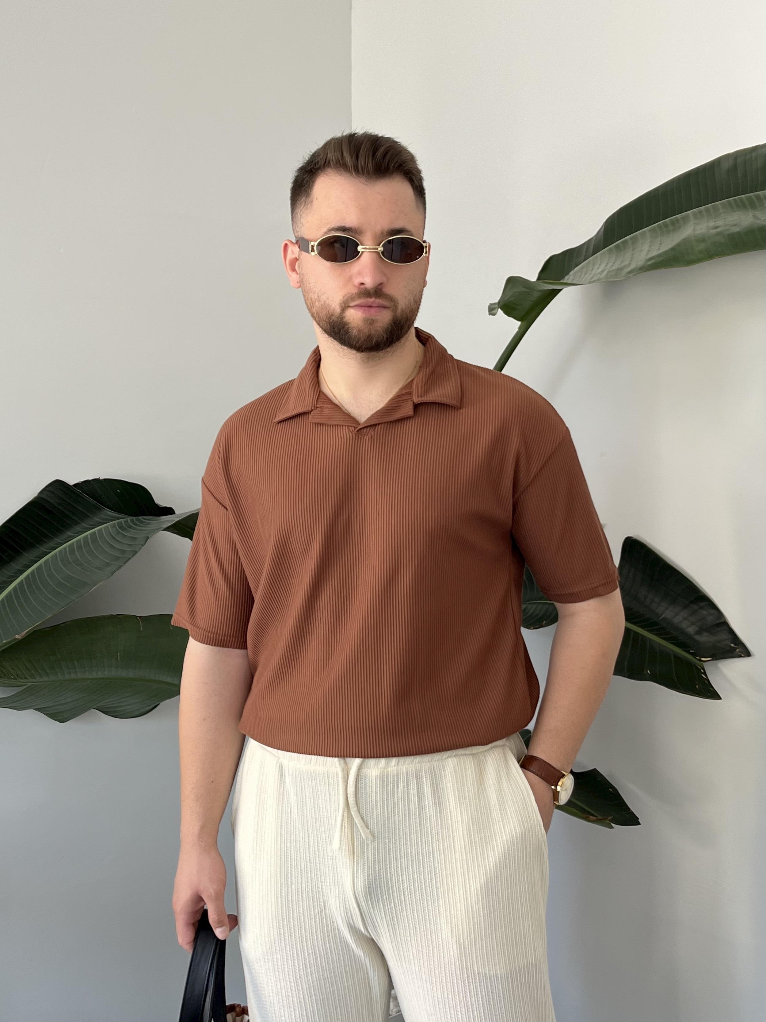 Kahverengi Fitilli Polo Yaka T-shirt