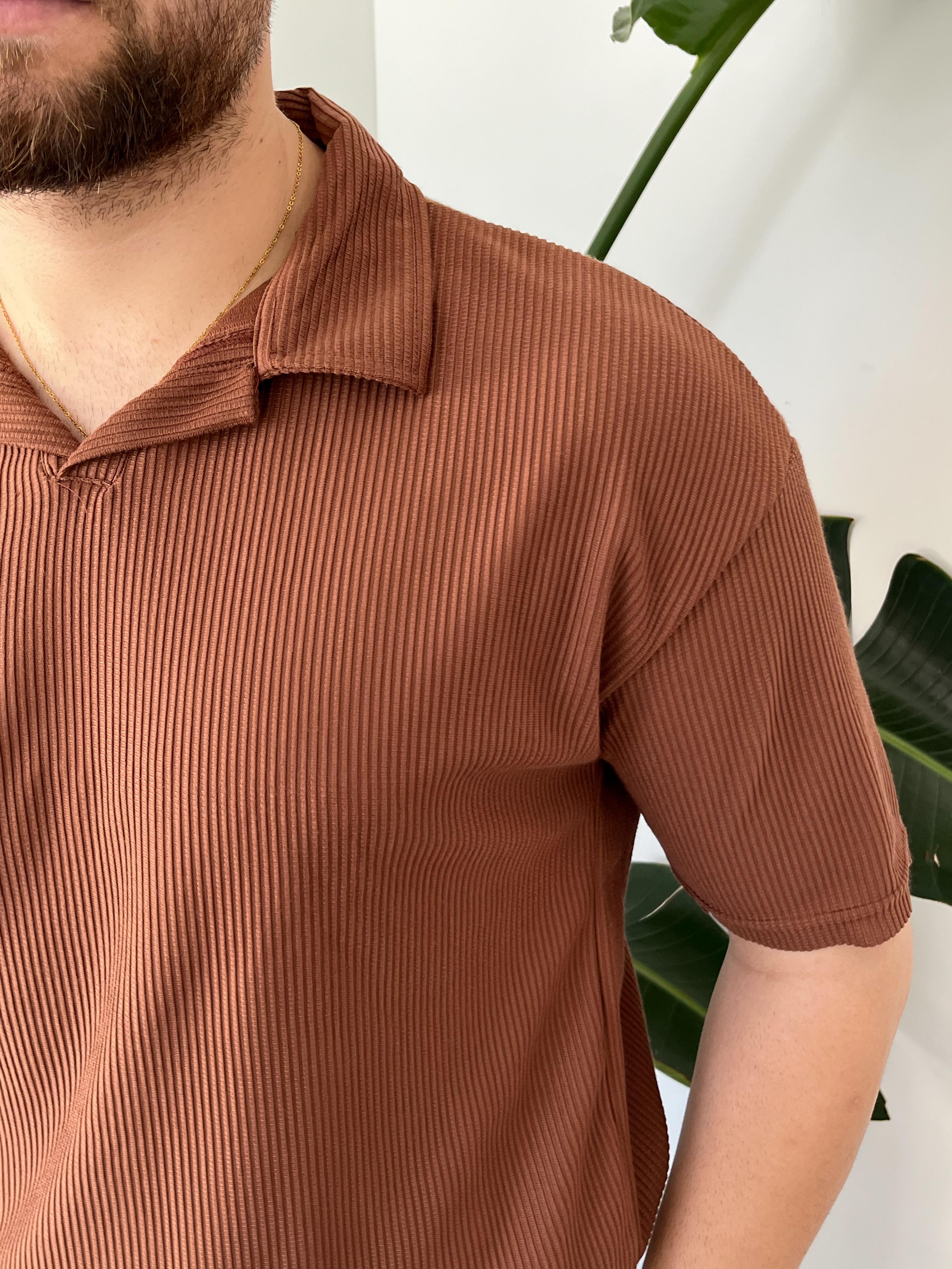 Kahverengi Fitilli Polo Yaka T-shirt