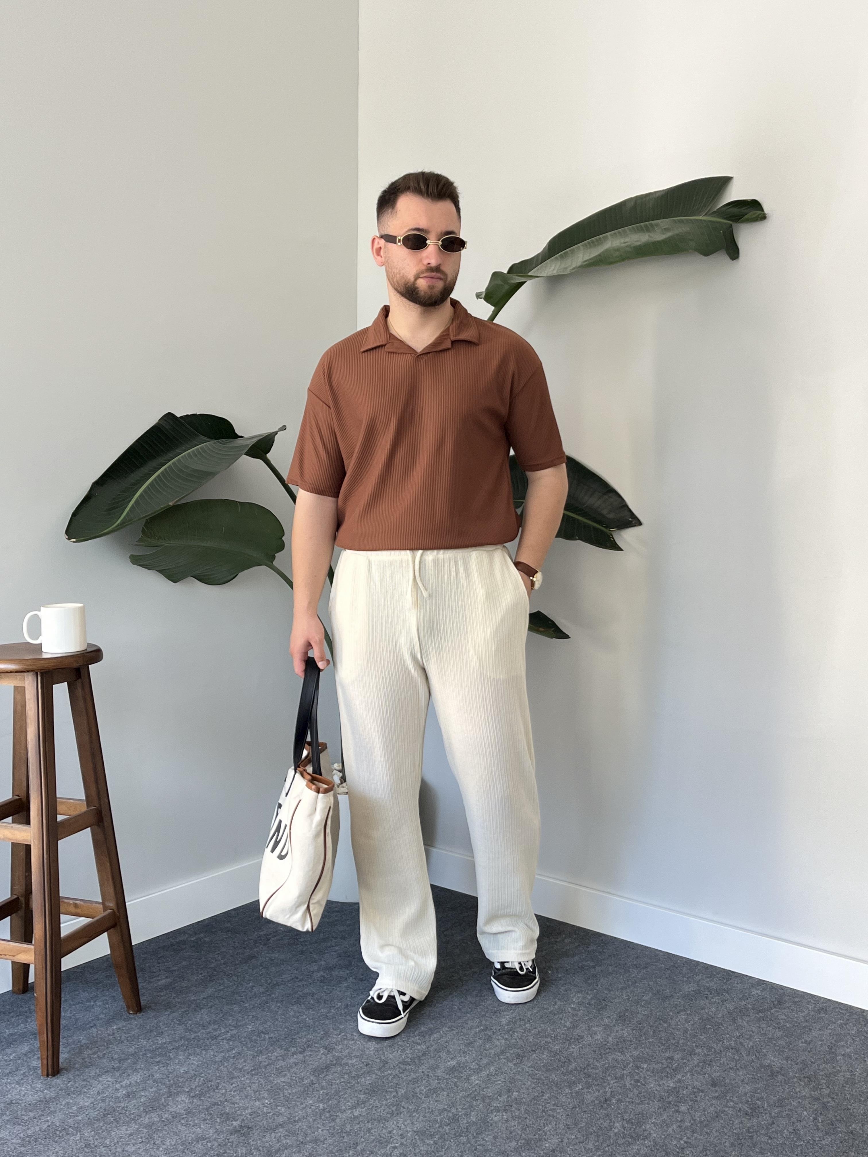 Kahverengi Fitilli Polo Yaka T-shirt