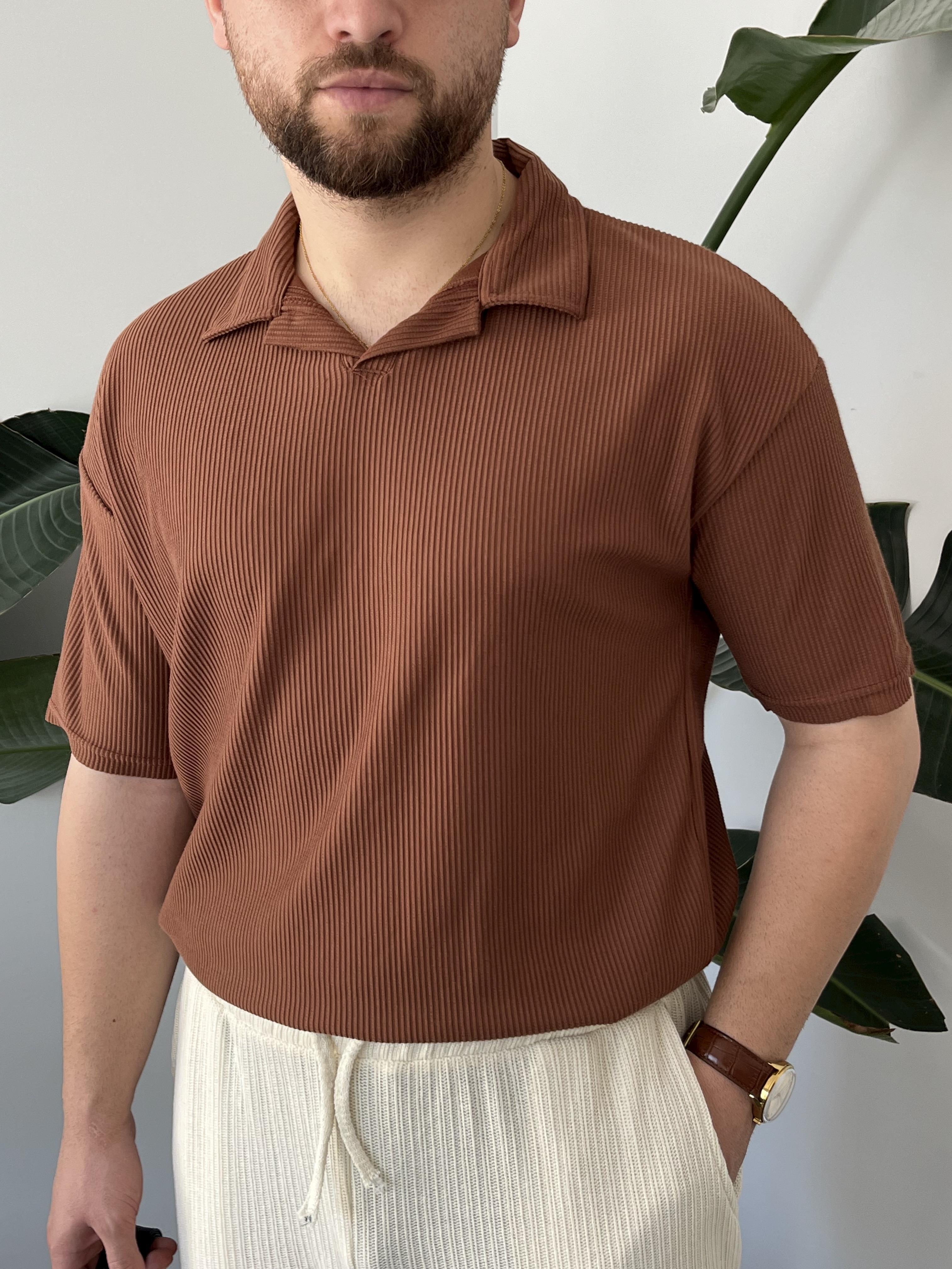 Kahverengi Fitilli Polo Yaka T-shirt