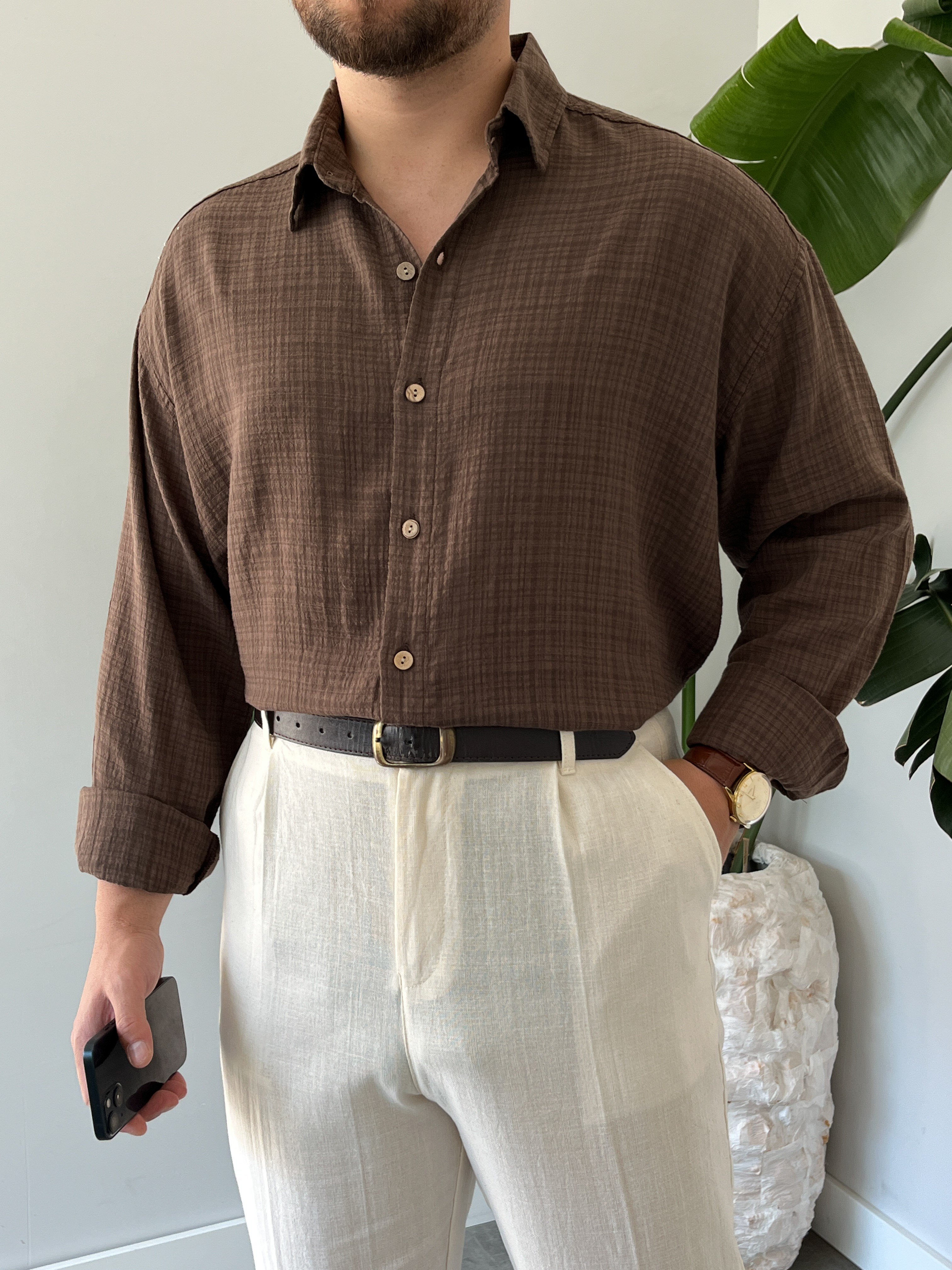 Kahverengi Gofre Keten Oversize Gömlek
