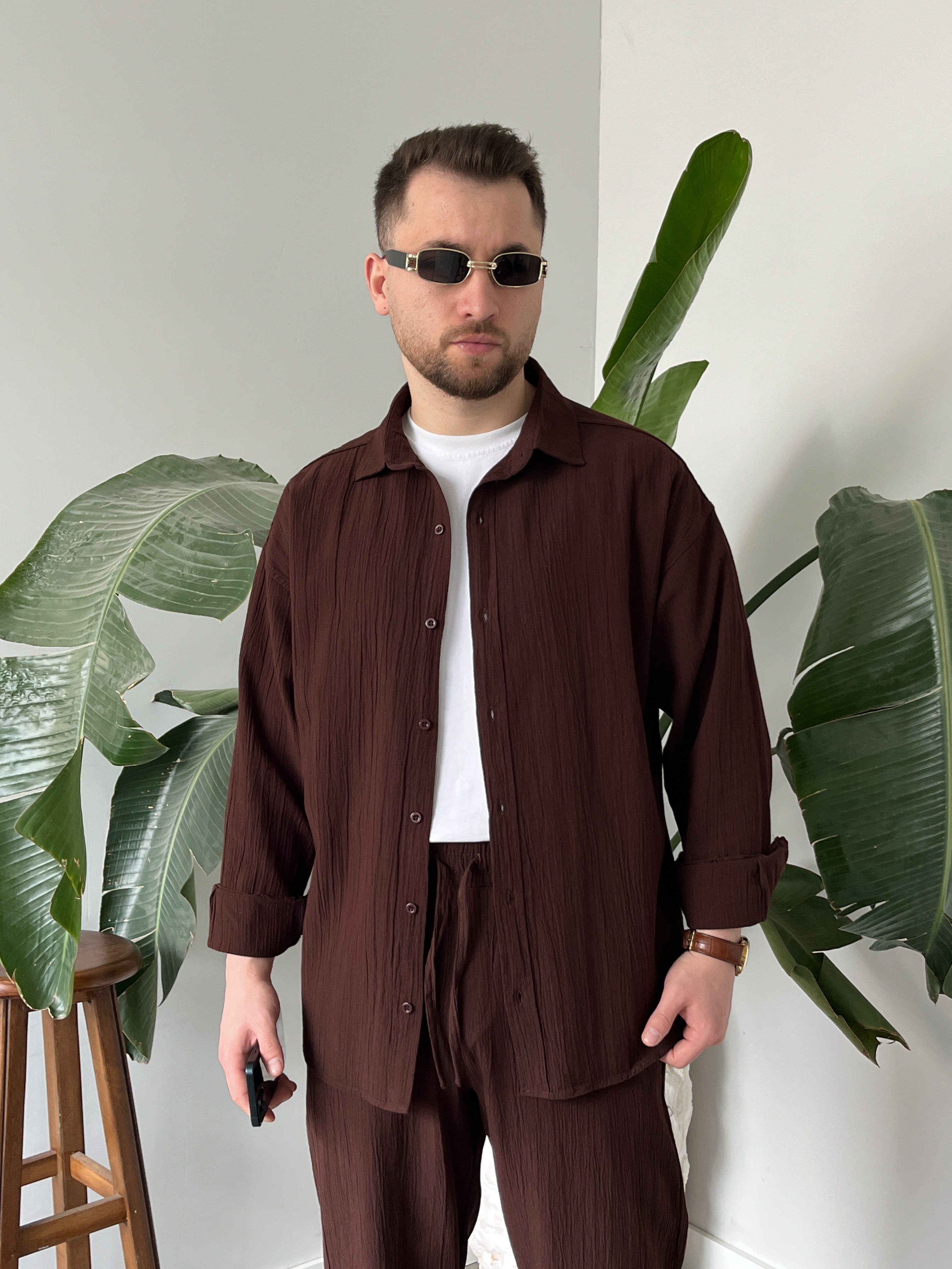 Kahverengi Krinkıl Keten Oversize Takım