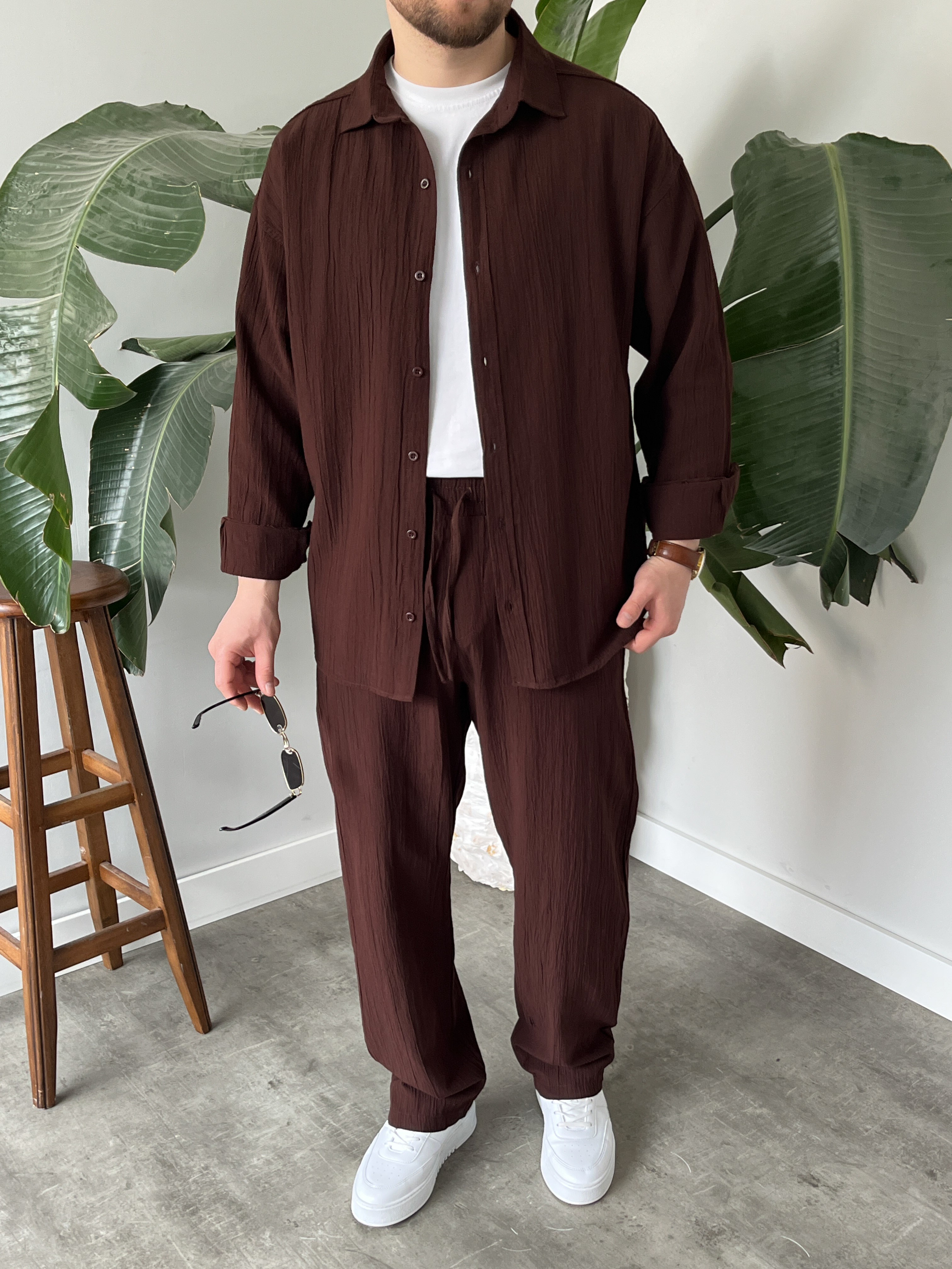Kahverengi Krinkıl Keten Oversize Takım