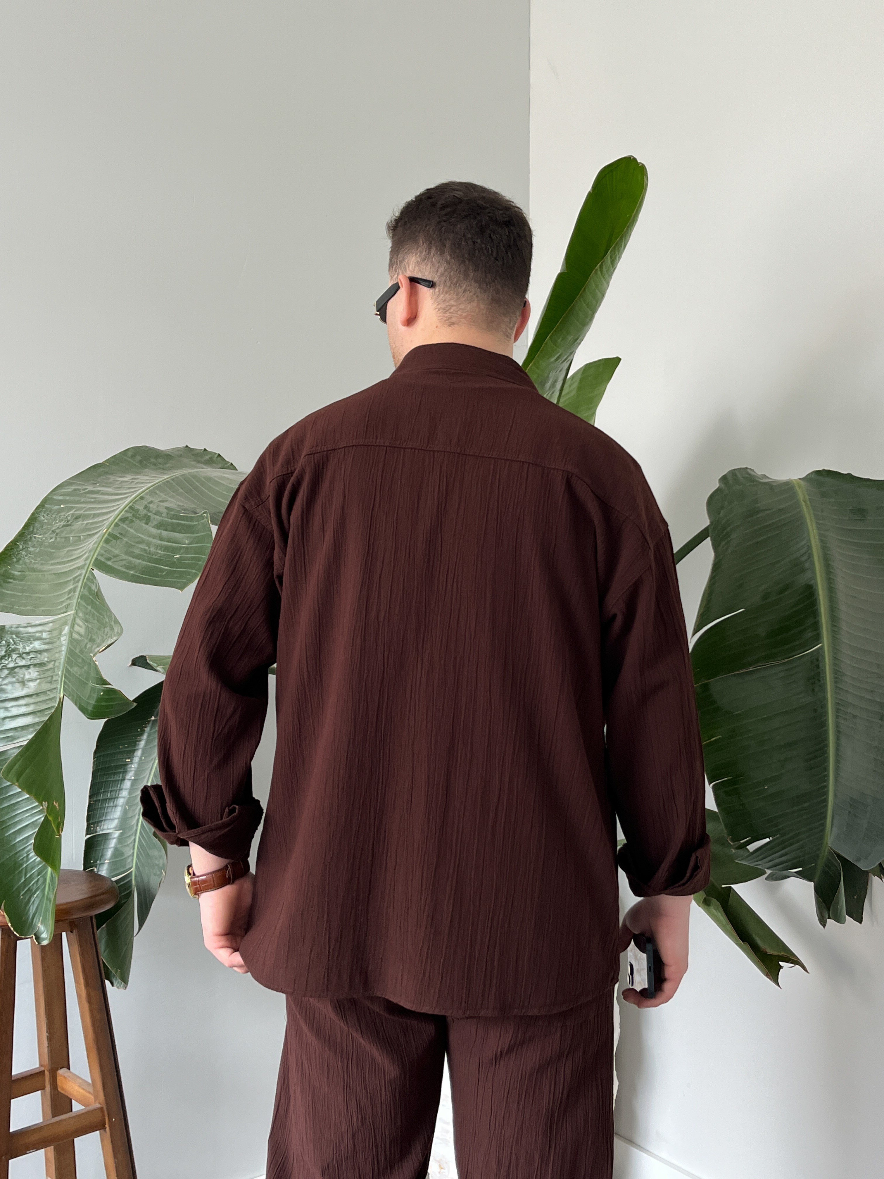 Kahverengi Krinkıl Keten Oversize Takım