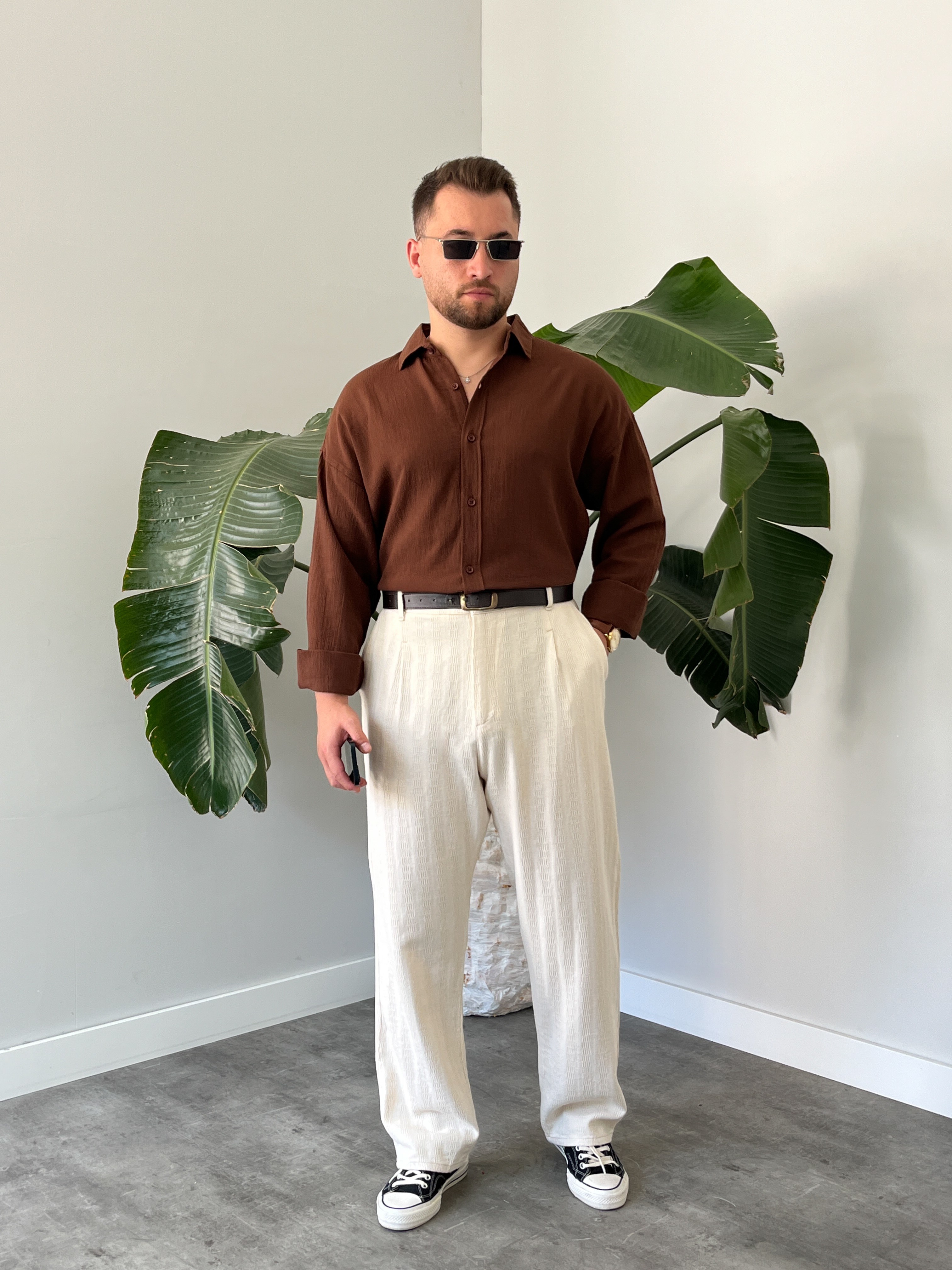 Kahverengi Krinkıl Oversize Gömlek