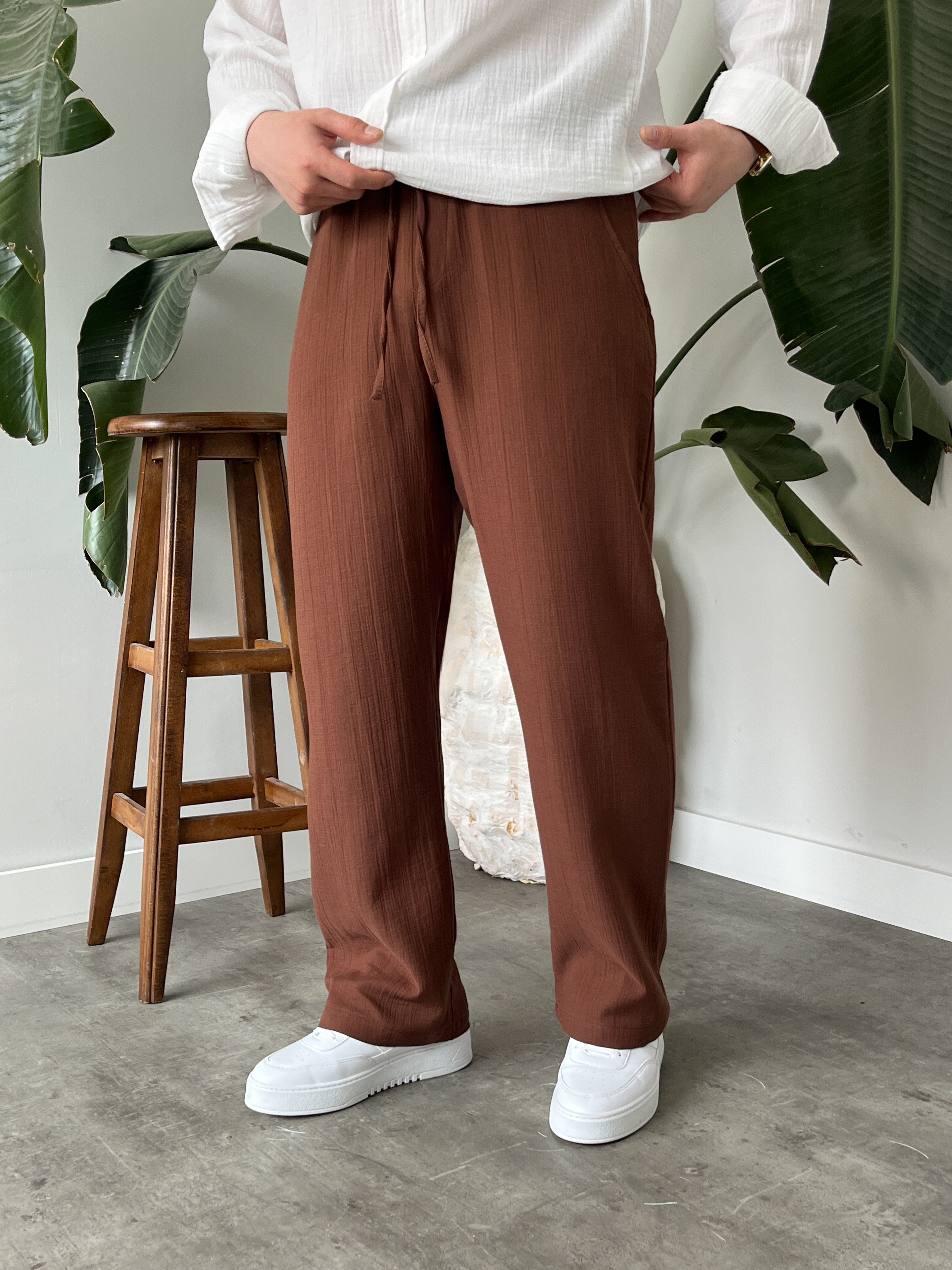 Kahverengi Premium Müslin Dokulu Baggy Pantolon
