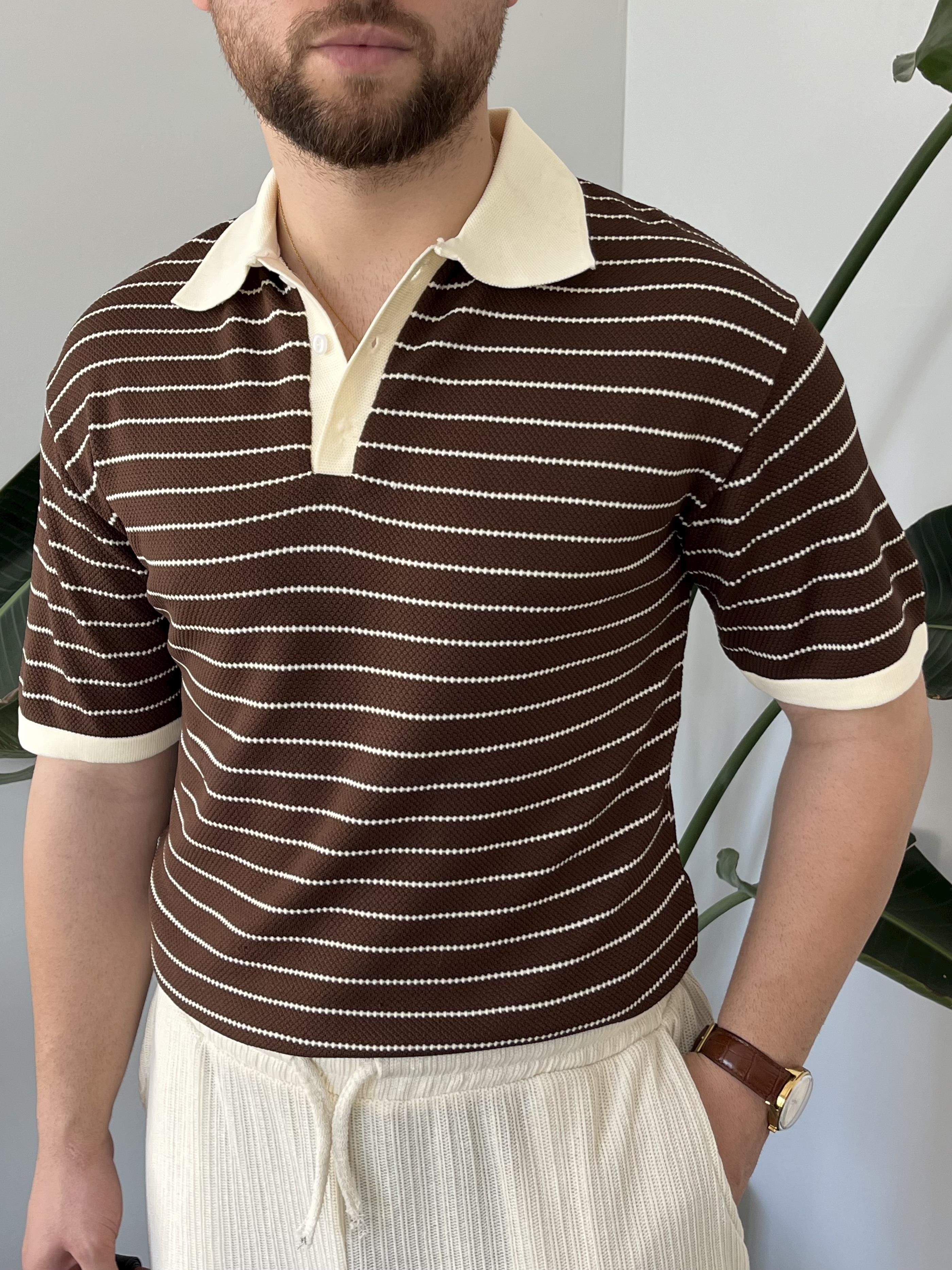 Kahverengi Premium Çizgili Örme Triko T-shirt