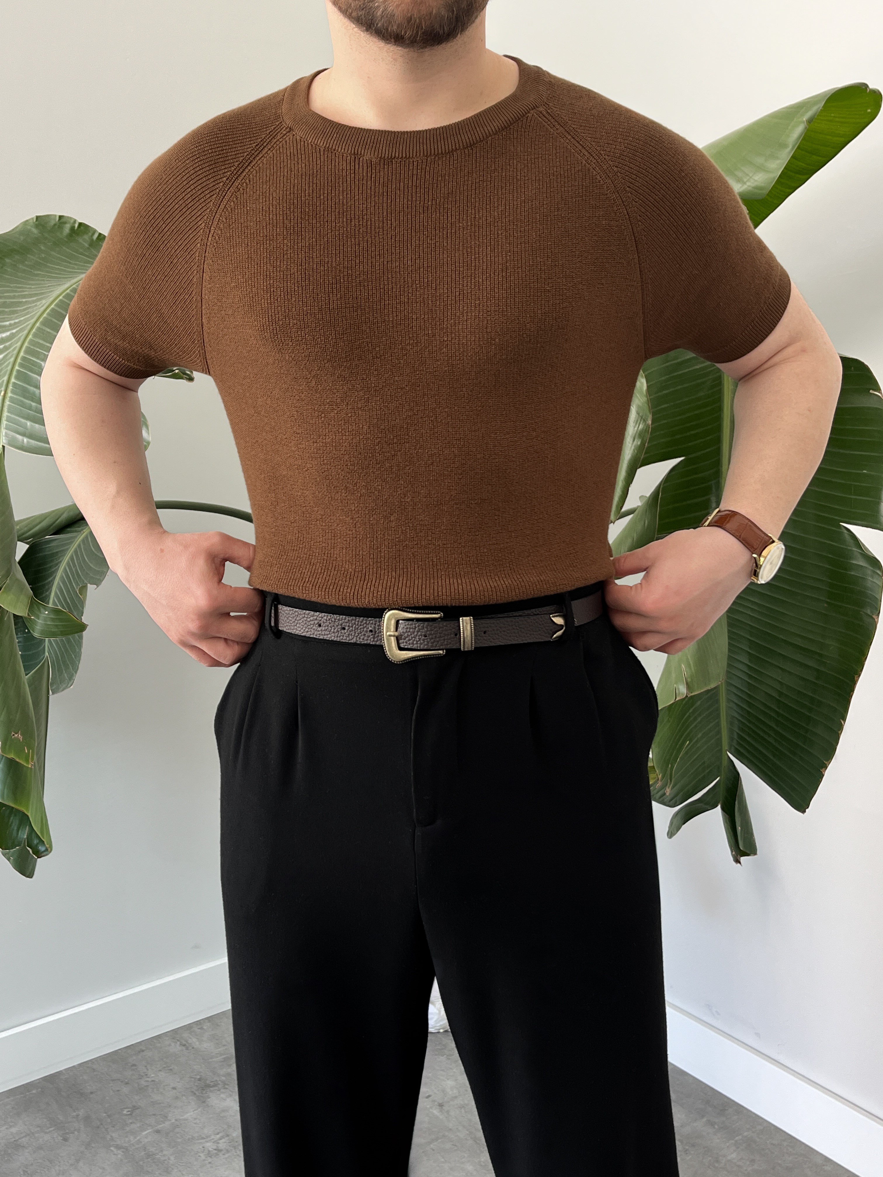 Kahverengi Raglan Detay Basic Triko
