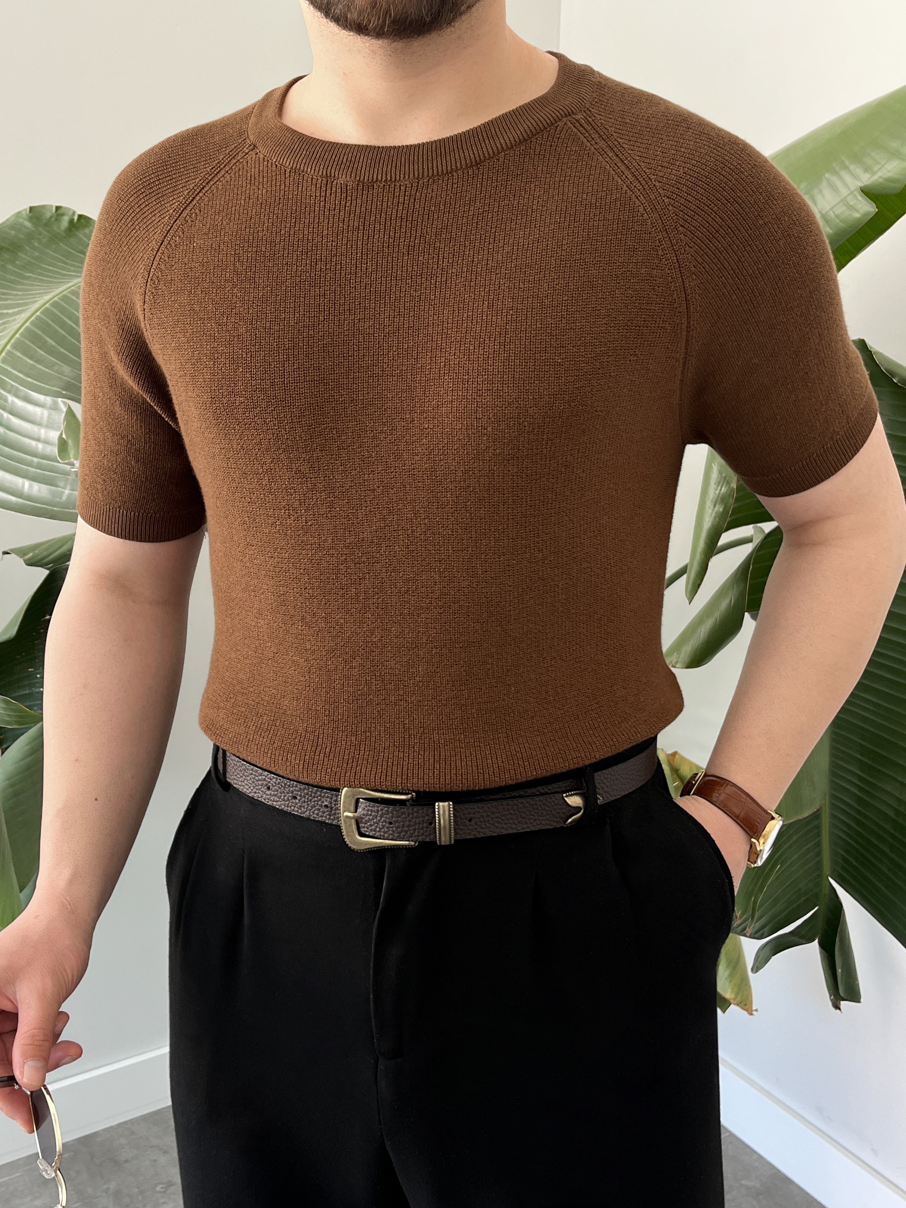 Kahverengi Raglan Detay Basic Triko