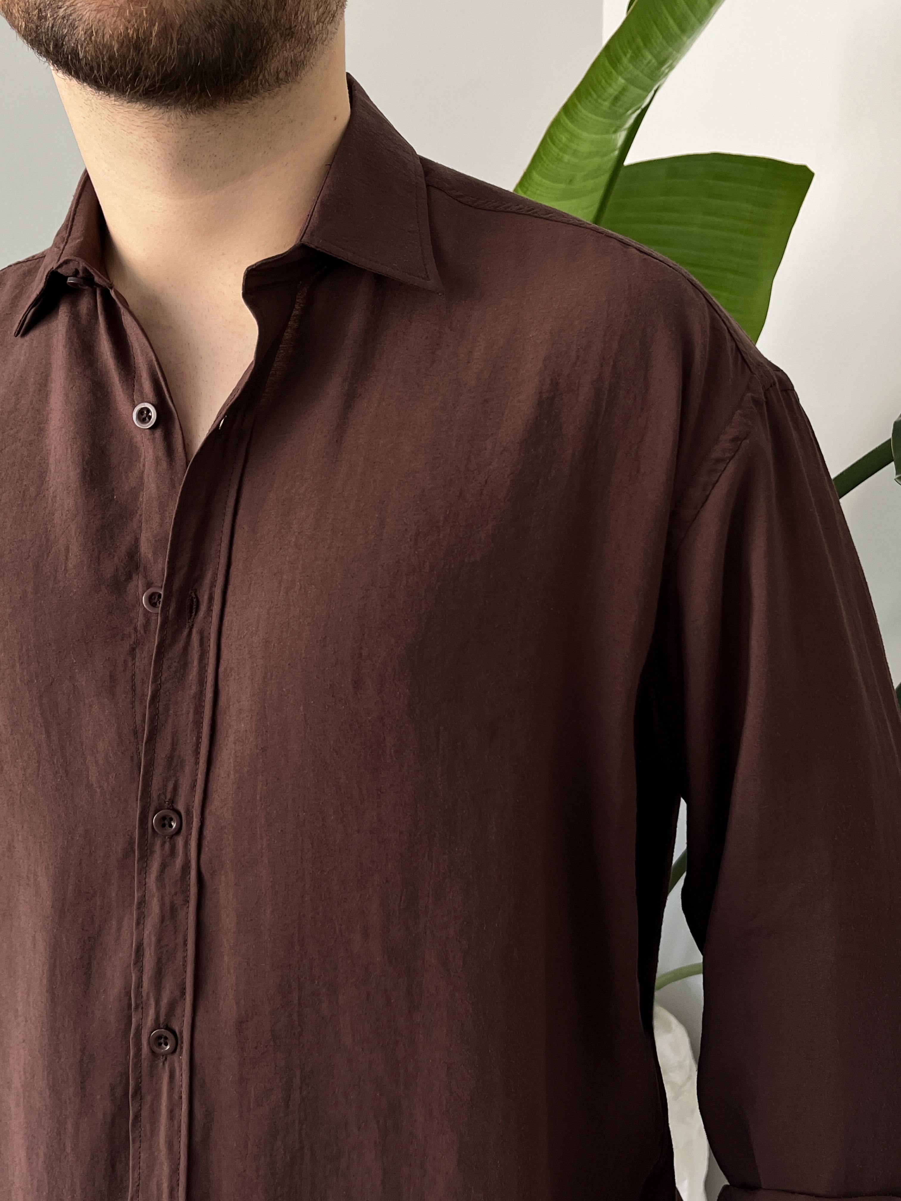 Kahverengi Yıkamalı Tensel Oversize Gömlek