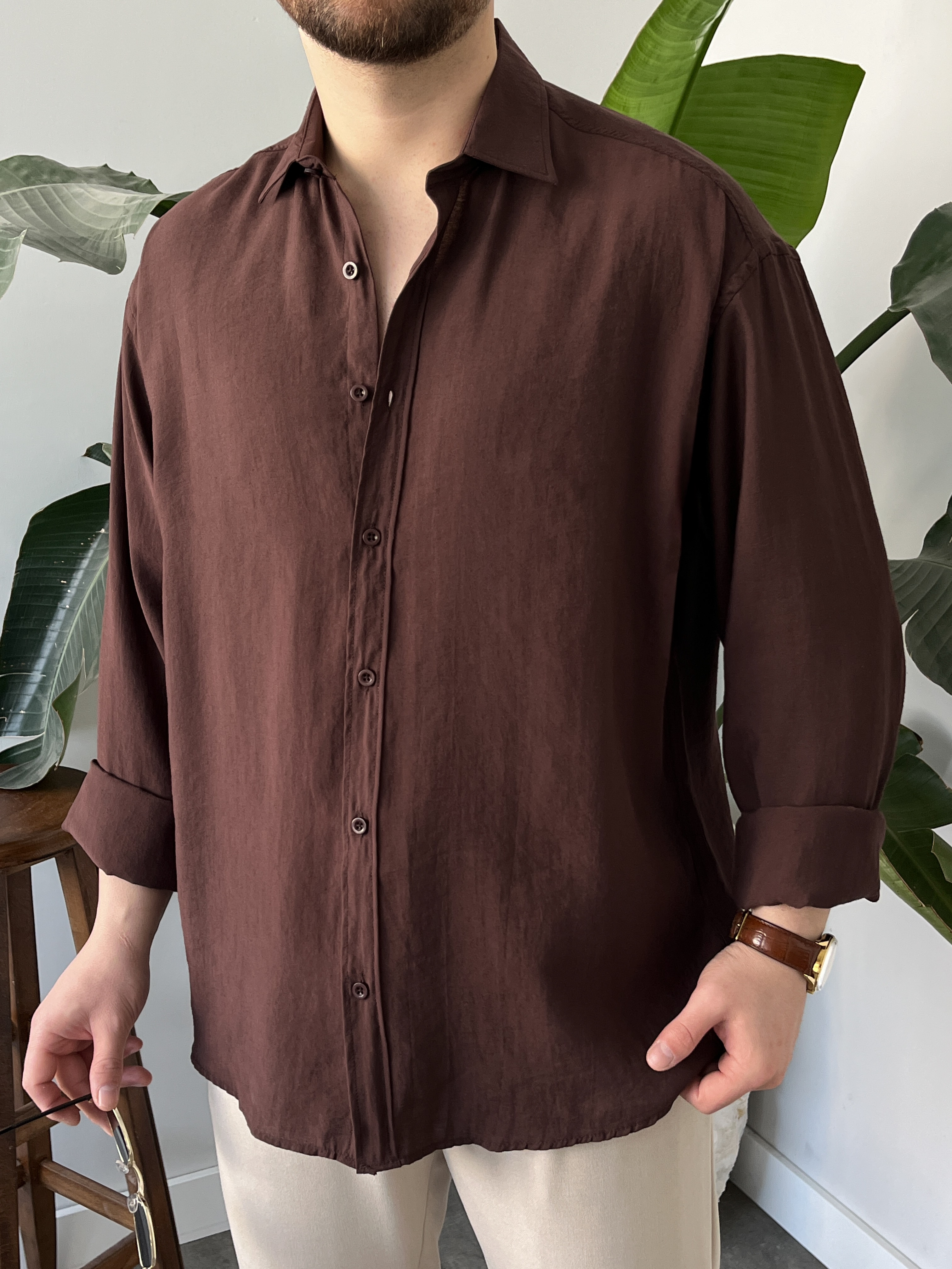 Kahverengi Yıkamalı Tensel Oversize Gömlek