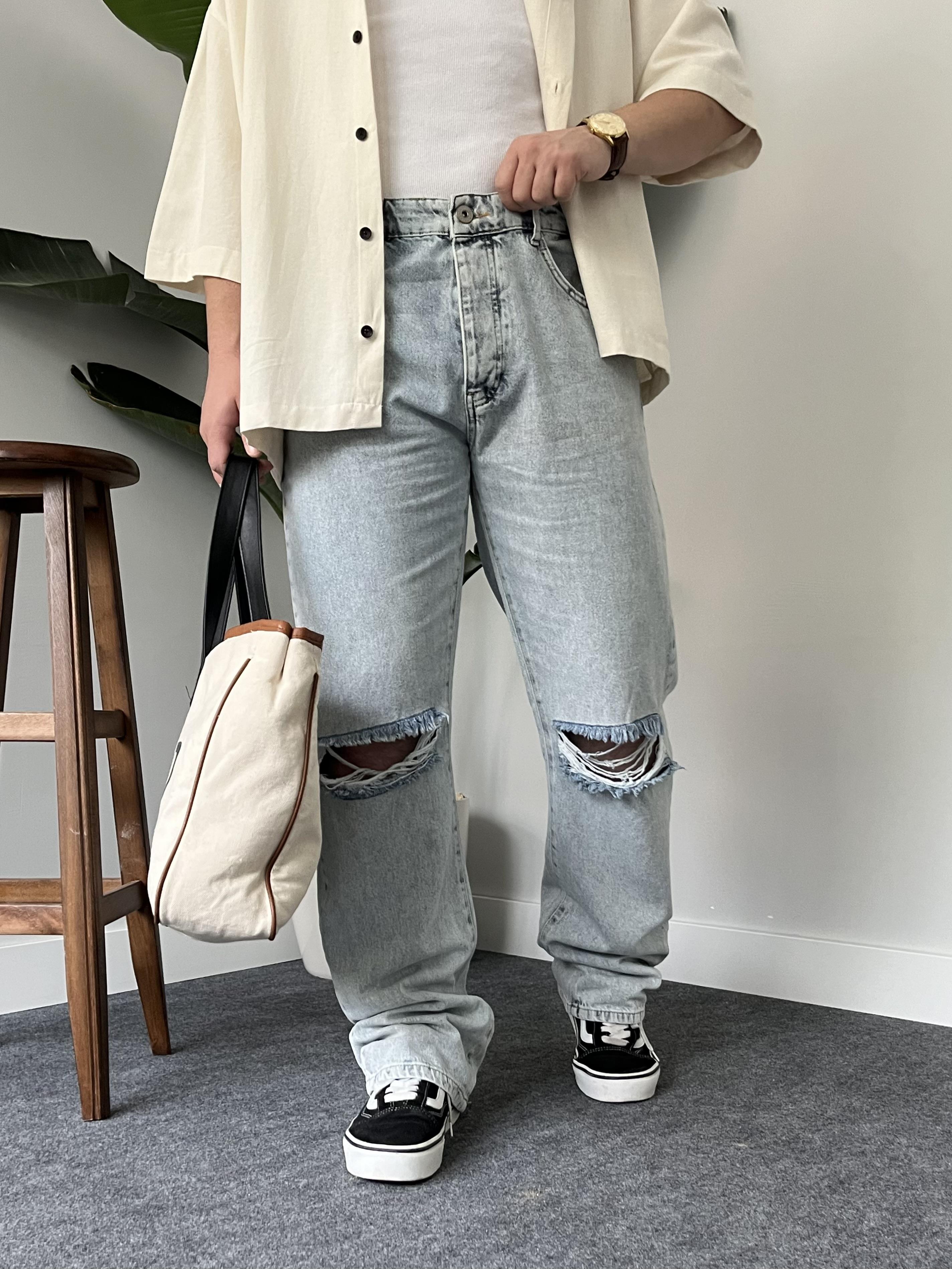 Kar Yıkamalı Yırtık Diz Baggy Jean