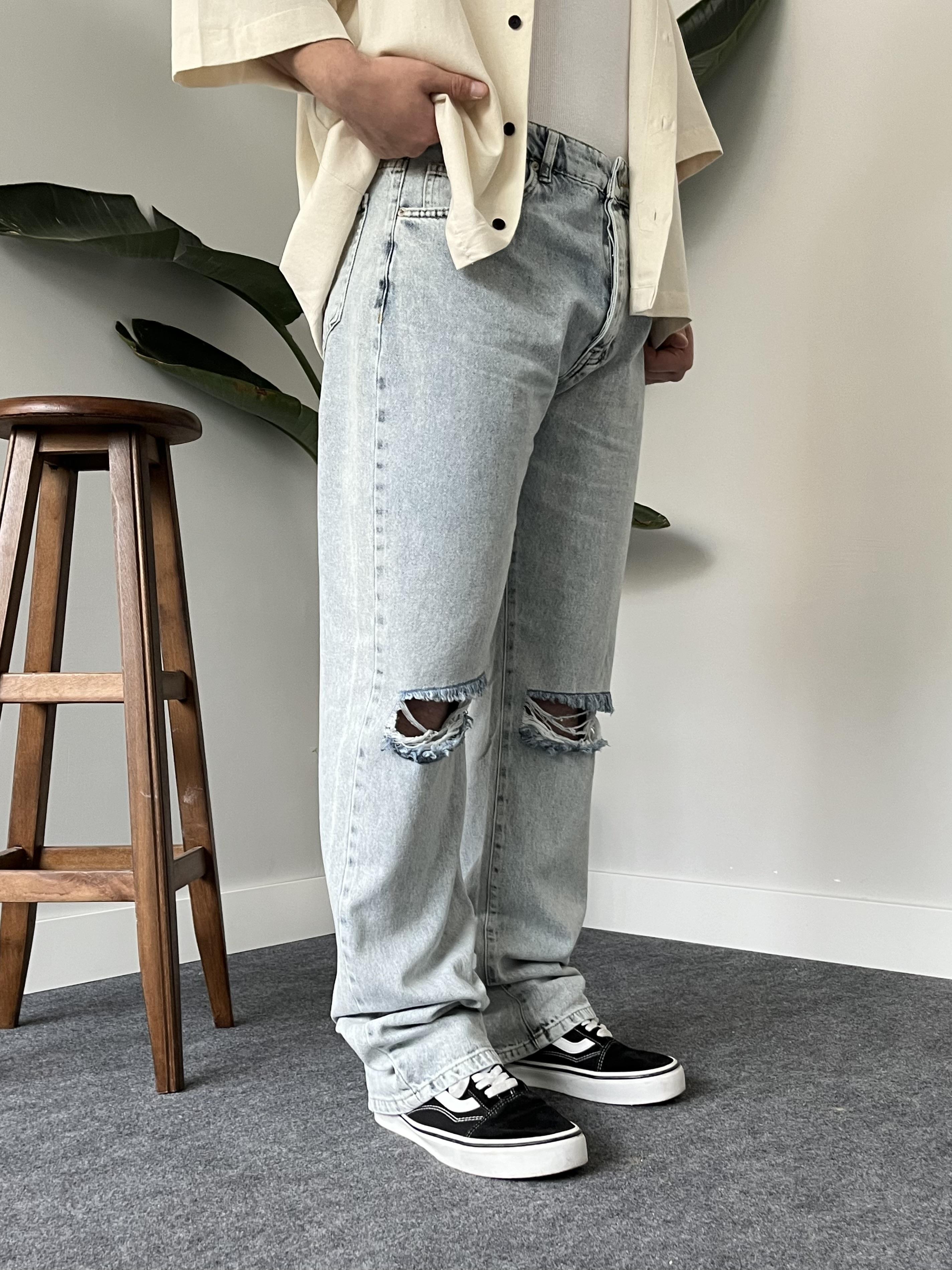 Kar Yıkamalı Yırtık Diz Baggy Jean