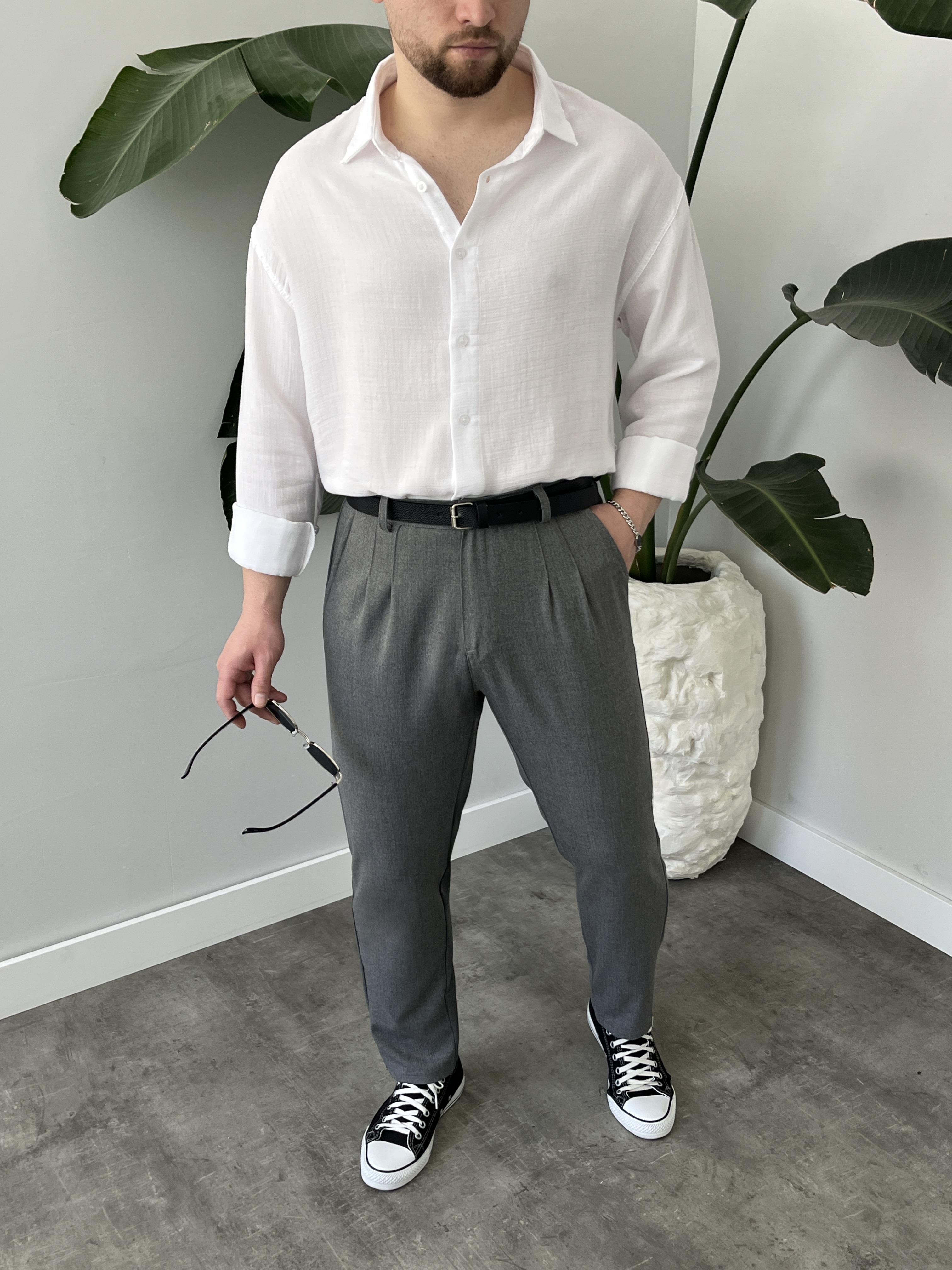 Koyu Gri Pileli Boyfriend Kumaş Pantolon