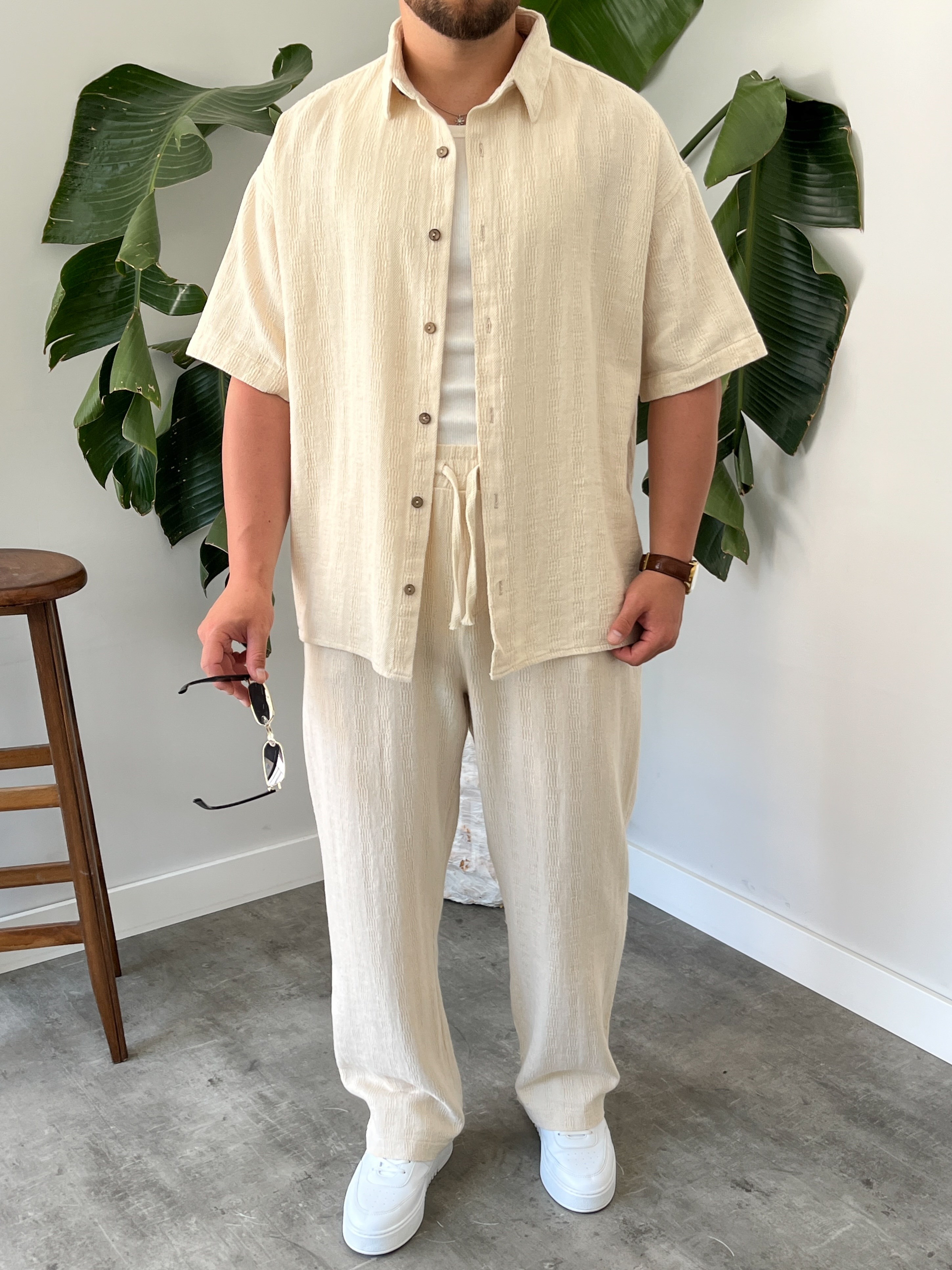 Krem Alaçatı Casual Desenli Oversize Takım
