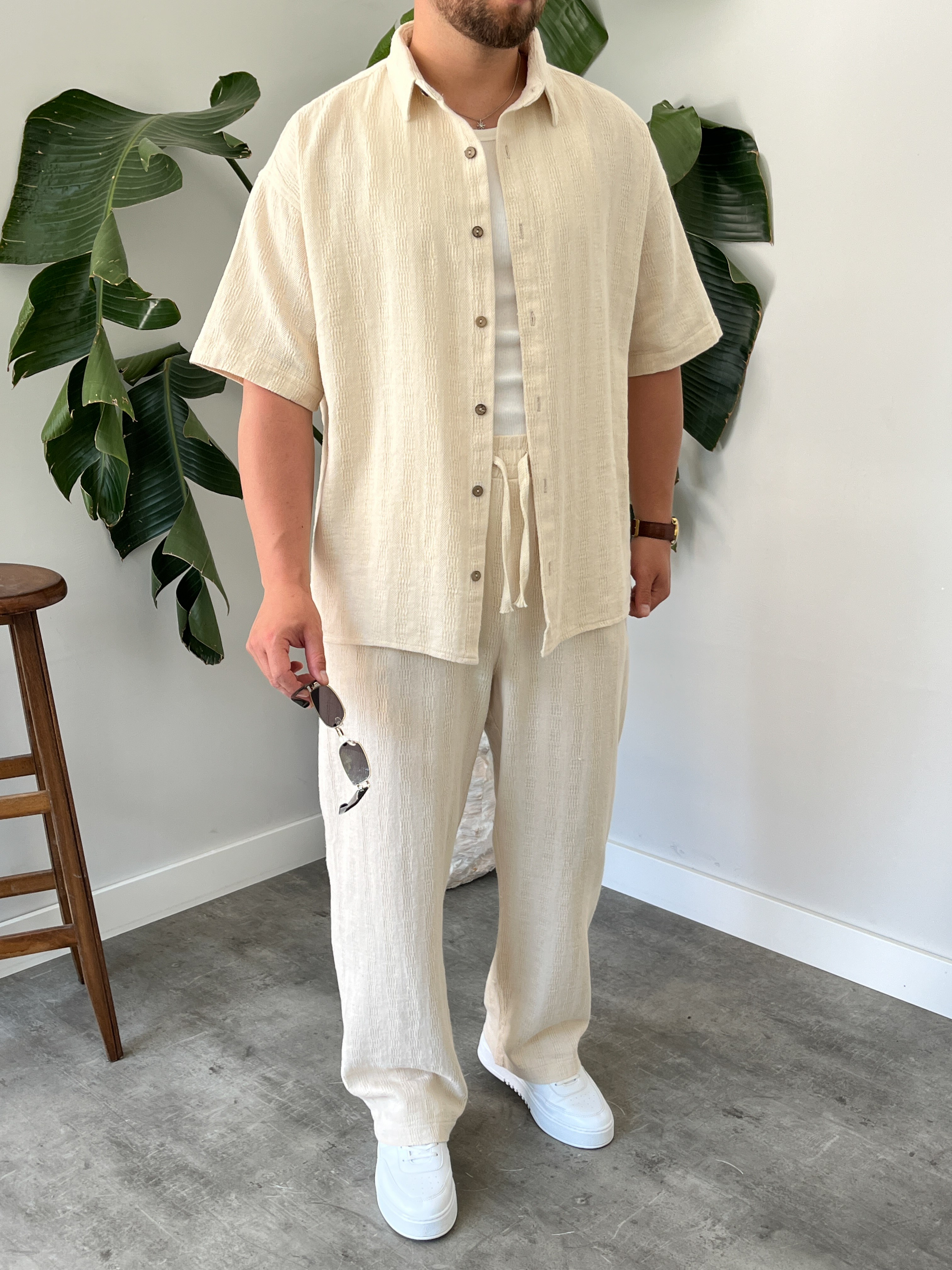 Krem Alaçatı Casual Desenli Oversize Takım