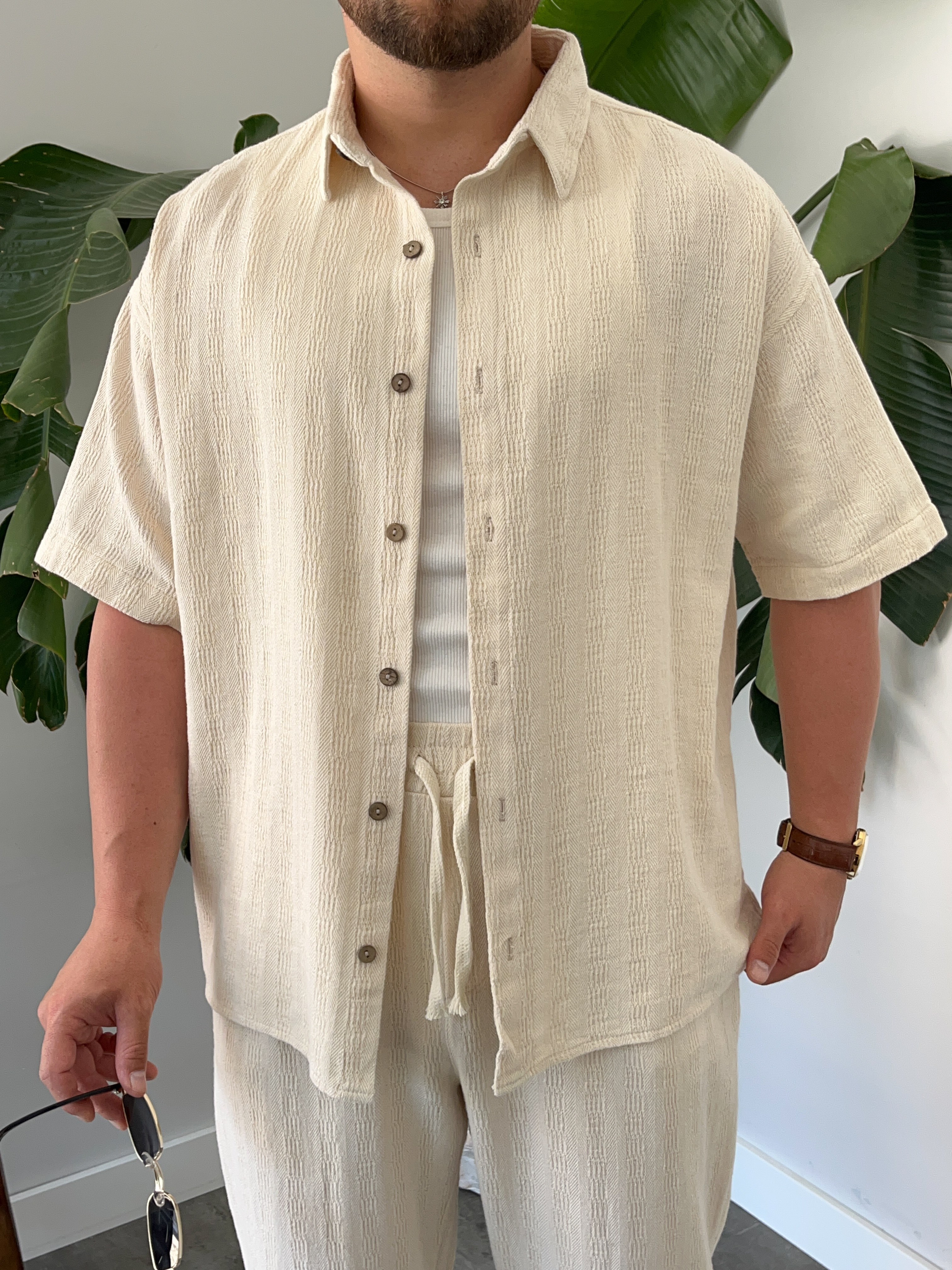Krem Alaçatı Casual Desenli Oversize Takım