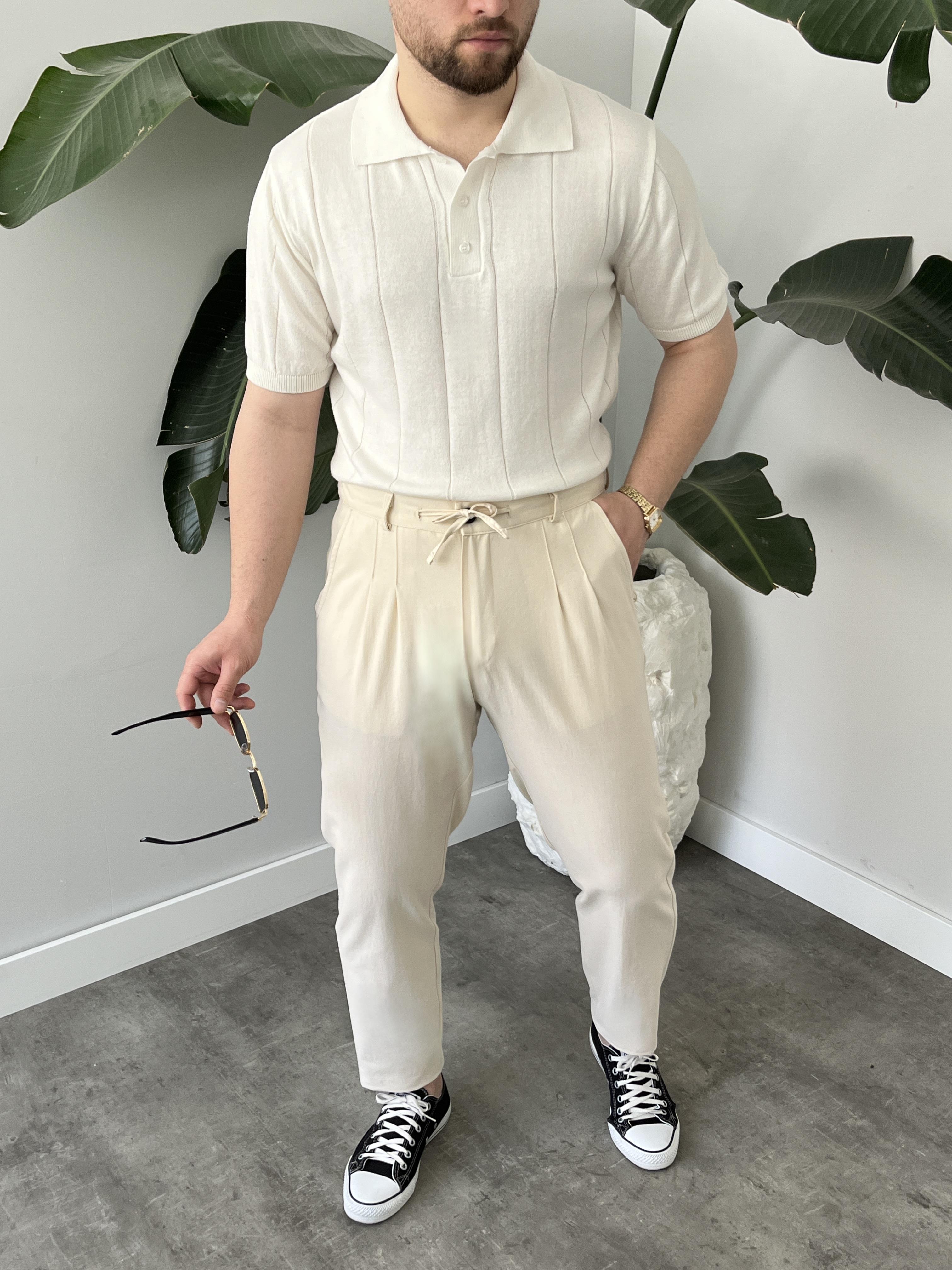 Krem Bağlama Detaylı Keten Boyfriend Pantolon