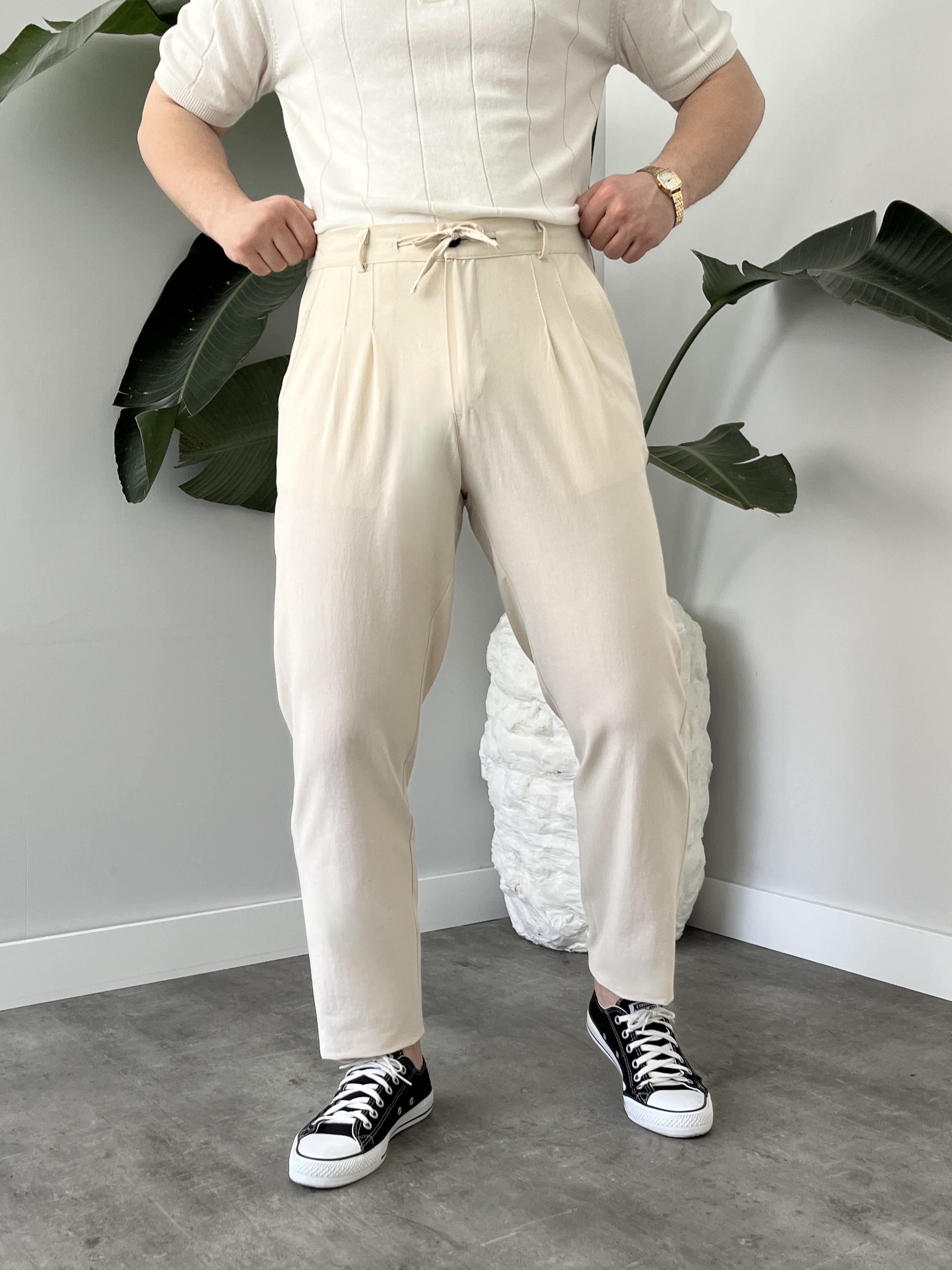 Krem Bağlama Detaylı Keten Boyfriend Pantolon