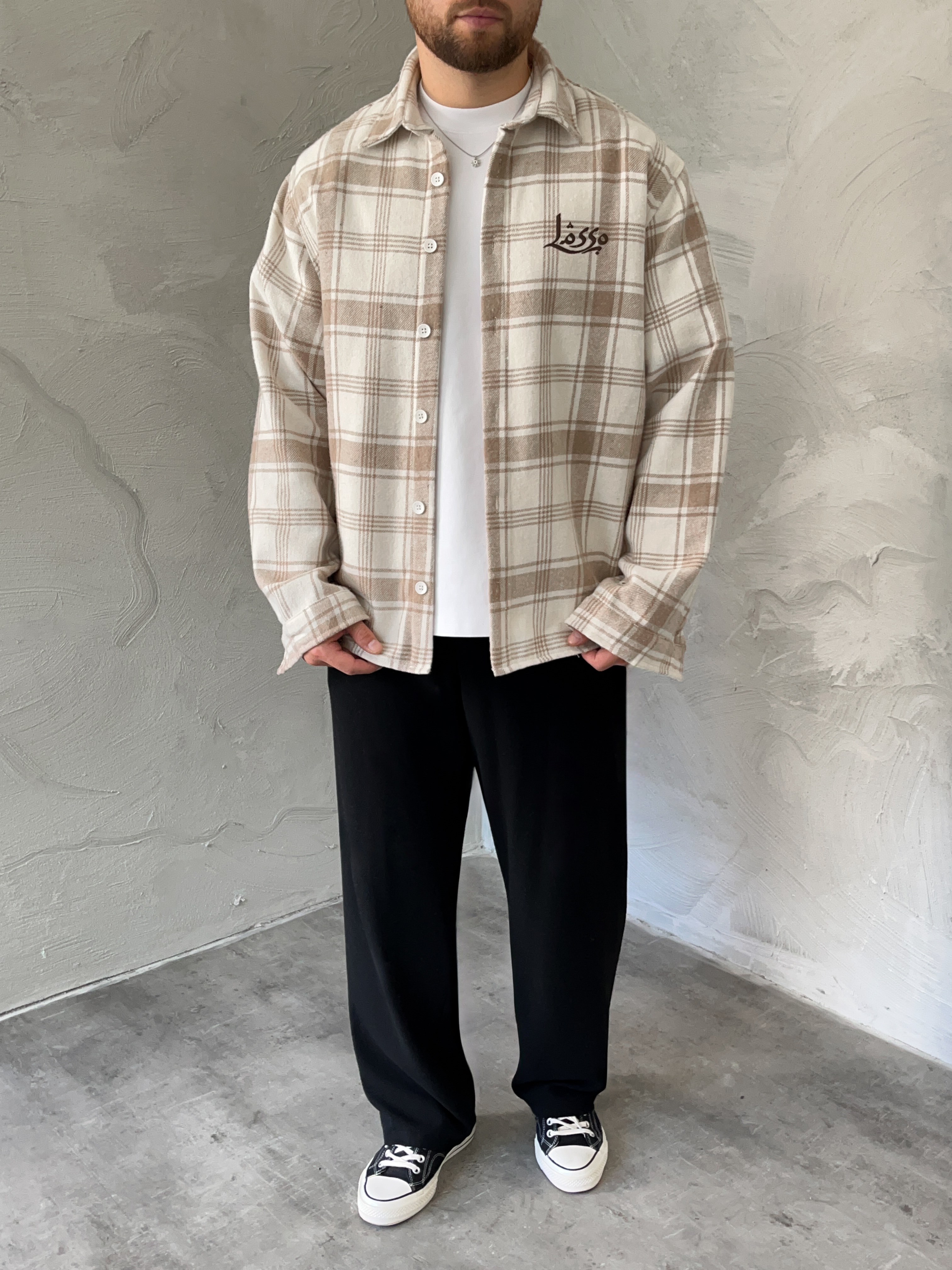 Krem Baskılı Oversize Ekose Gömlek