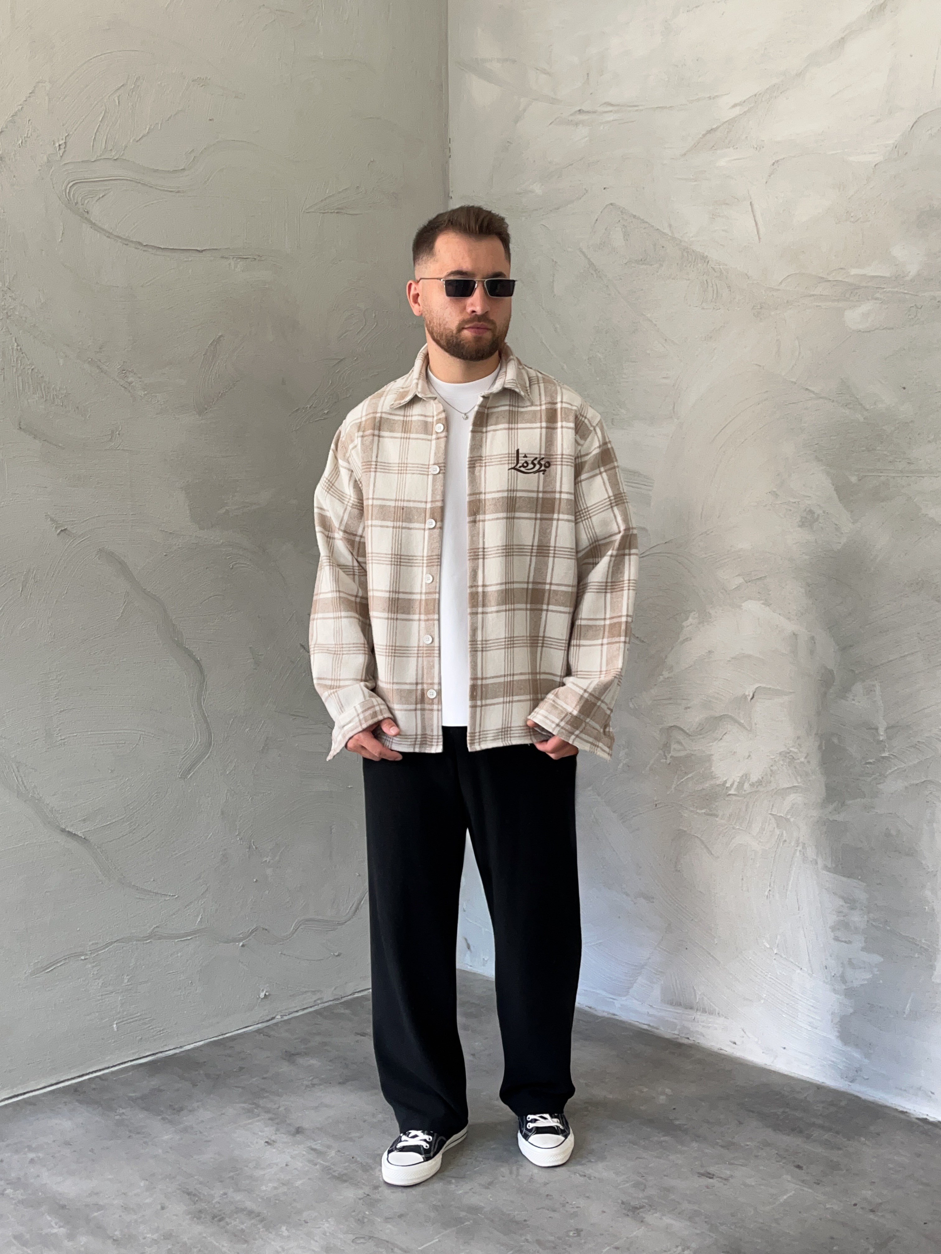 Krem Baskılı Oversize Ekose Gömlek