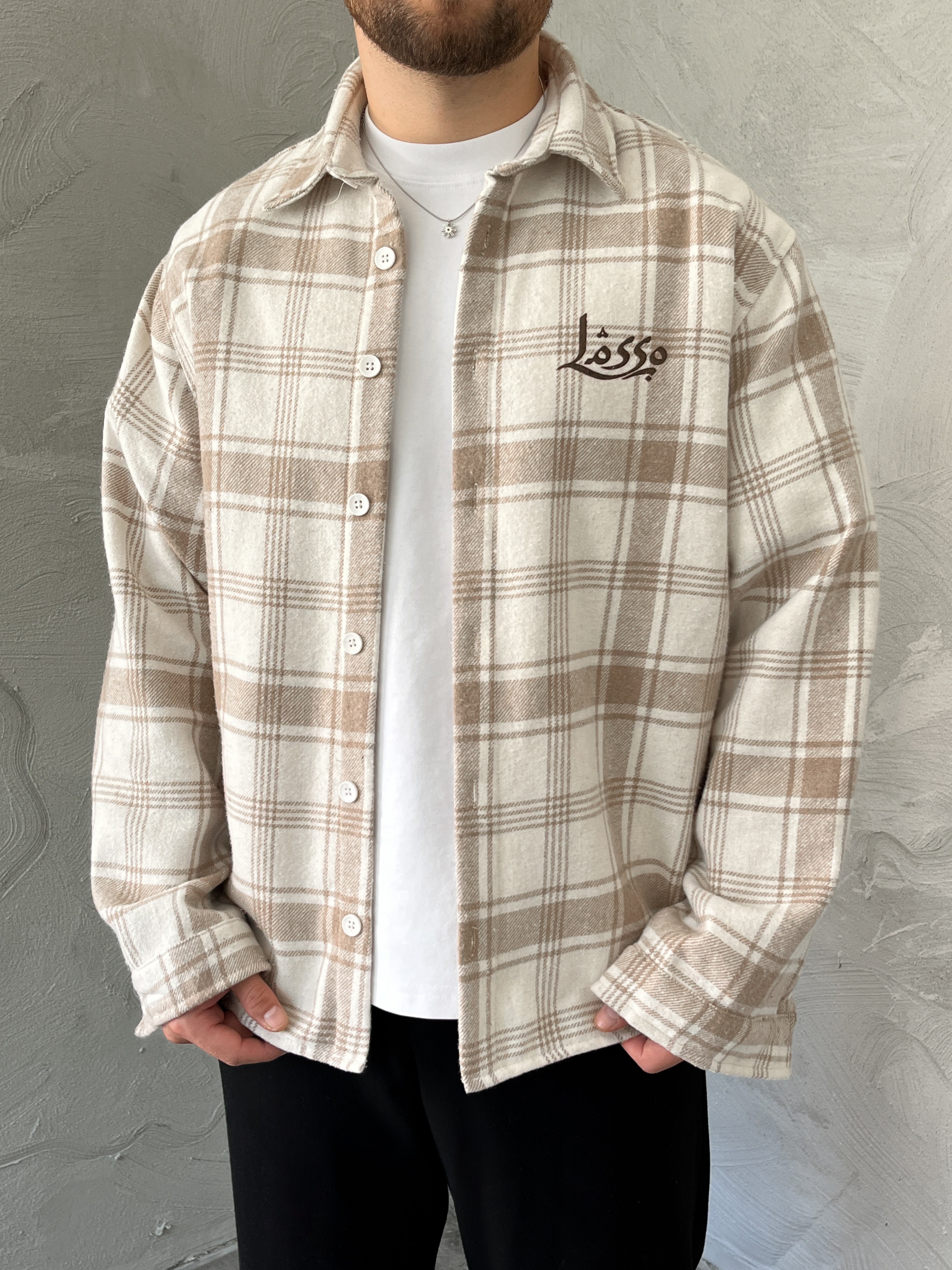 Krem Baskılı Oversize Ekose Gömlek
