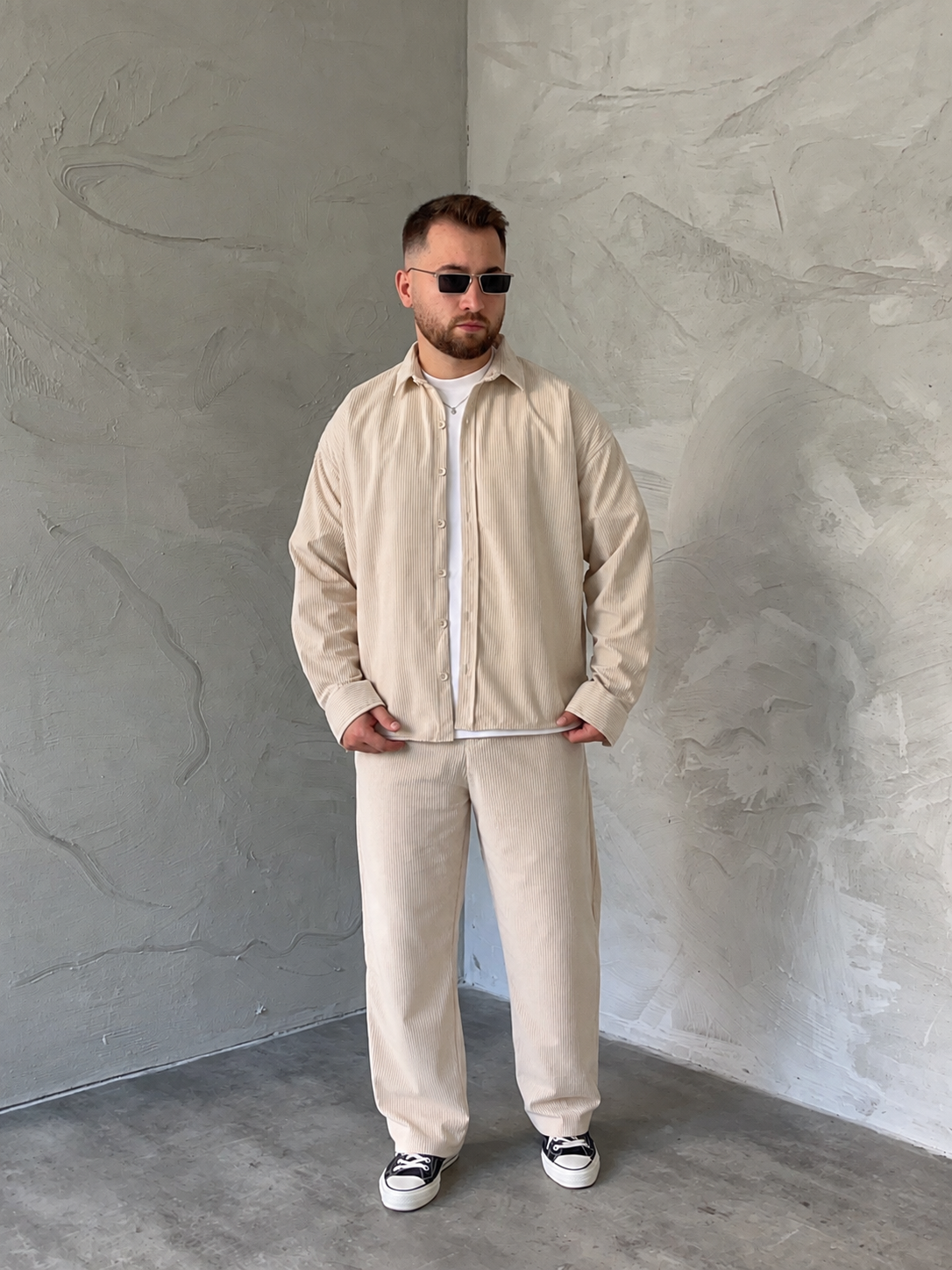Krem Boxy Fit Fitilli Kadife Takım